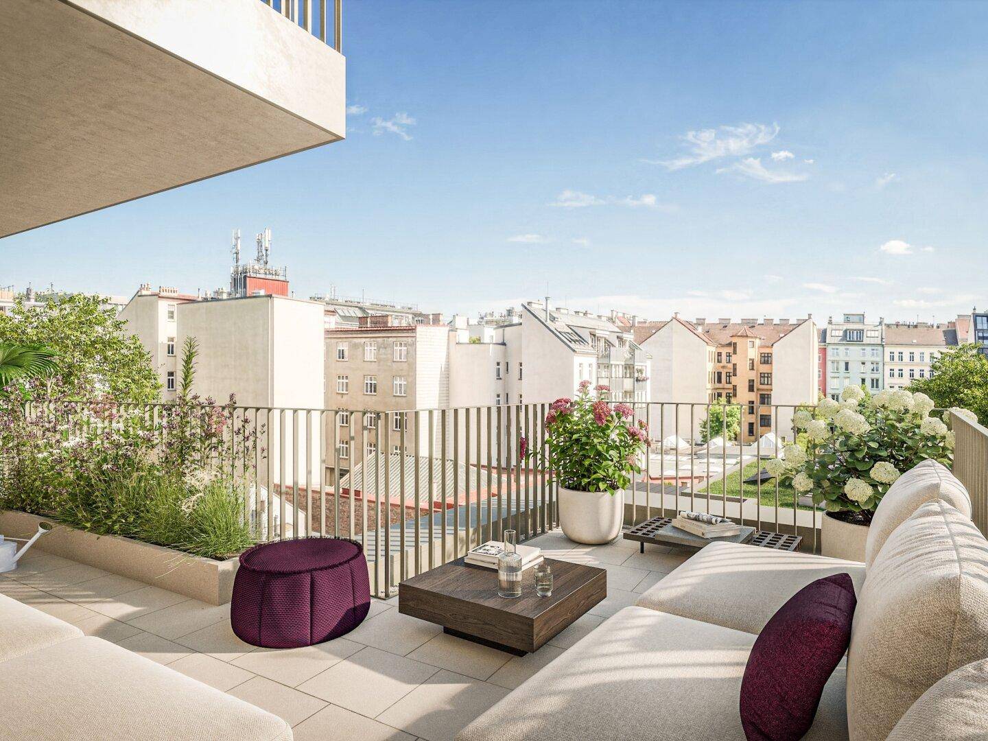 Geräumige Terrasse mit bequemen Loungemöbeln, Pflanzen und urbanem Ausblick.