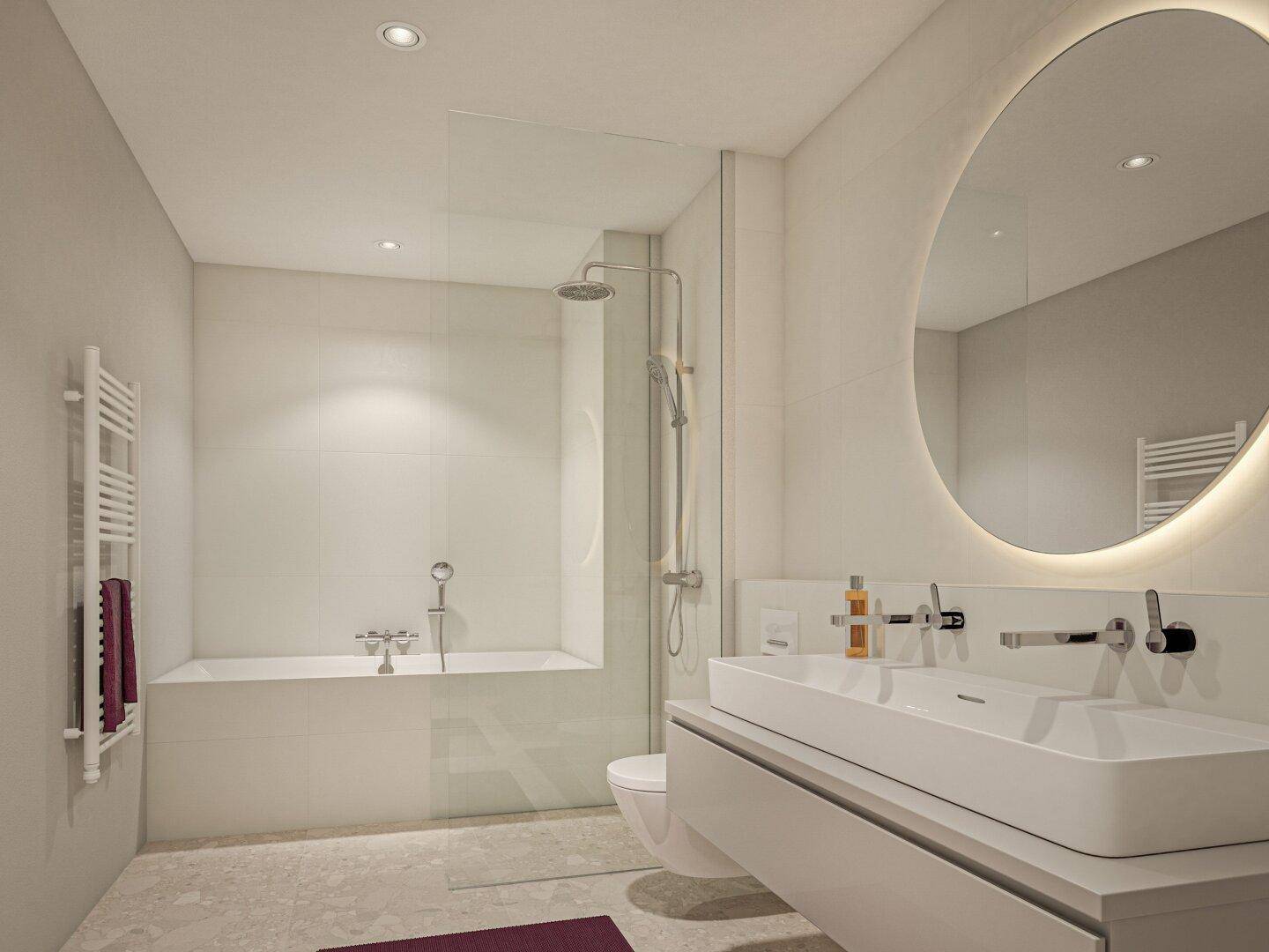 Elegantes Badezimmer mit Badewanne, Dusche, Doppelwaschbecken und beheiztem Handtuchhalter.