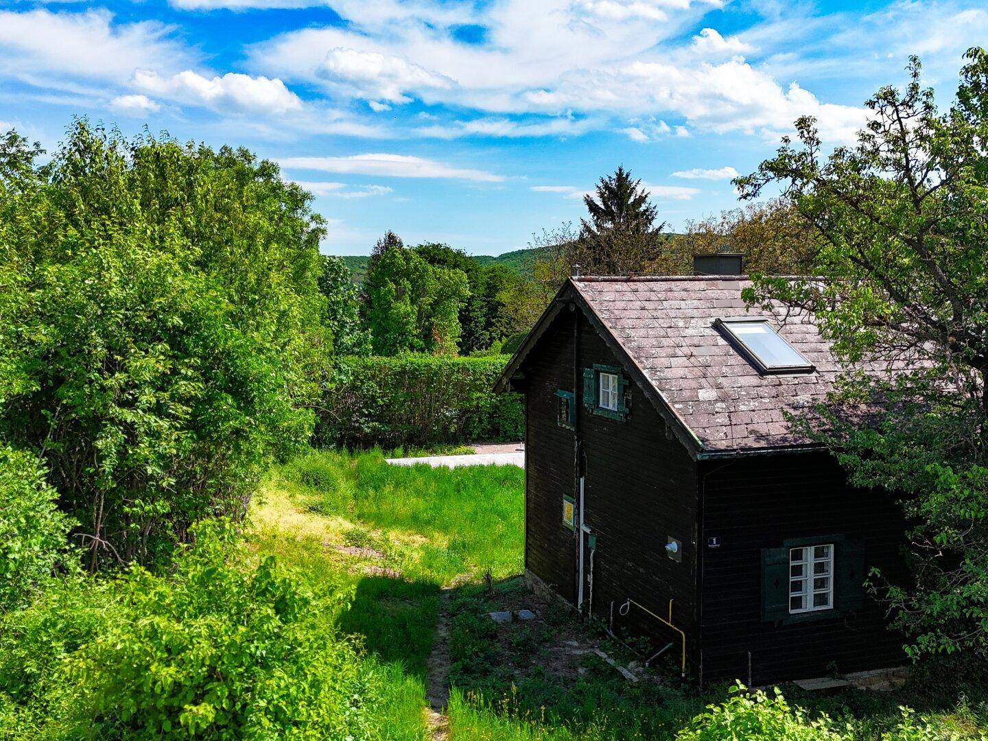 Seitenansicht des Hauses mit Garten und weitem Blick über die grüne Landschaft.