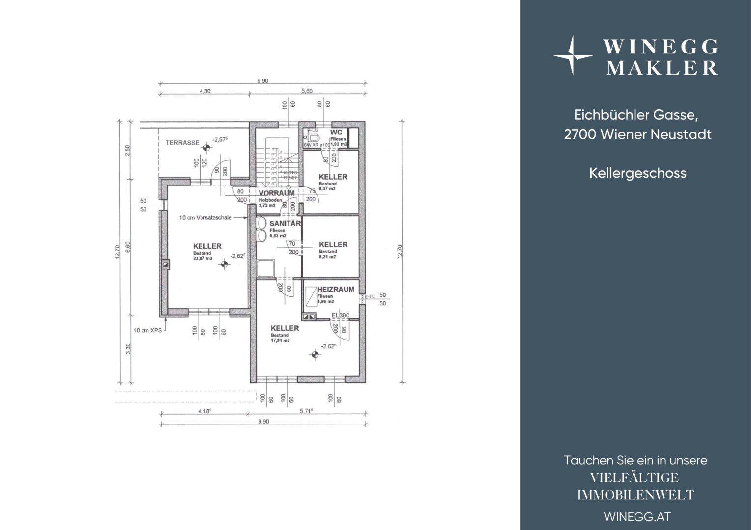 Grundriss des Kellergeschosses mit mehreren Kellerräumen, Heizraum und WC.