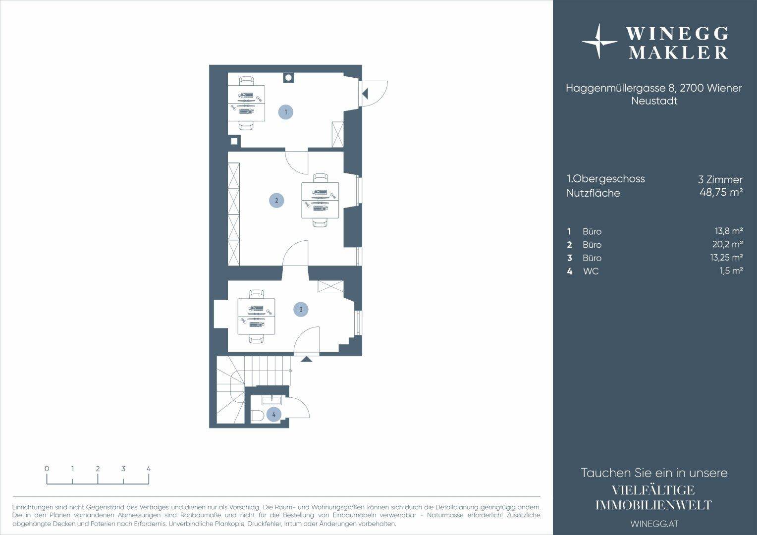 Grundriss des 1. Obergeschosses mit drei Büroräumen und einem WC, insgesamt 48,75 m² Nutzfläche.
