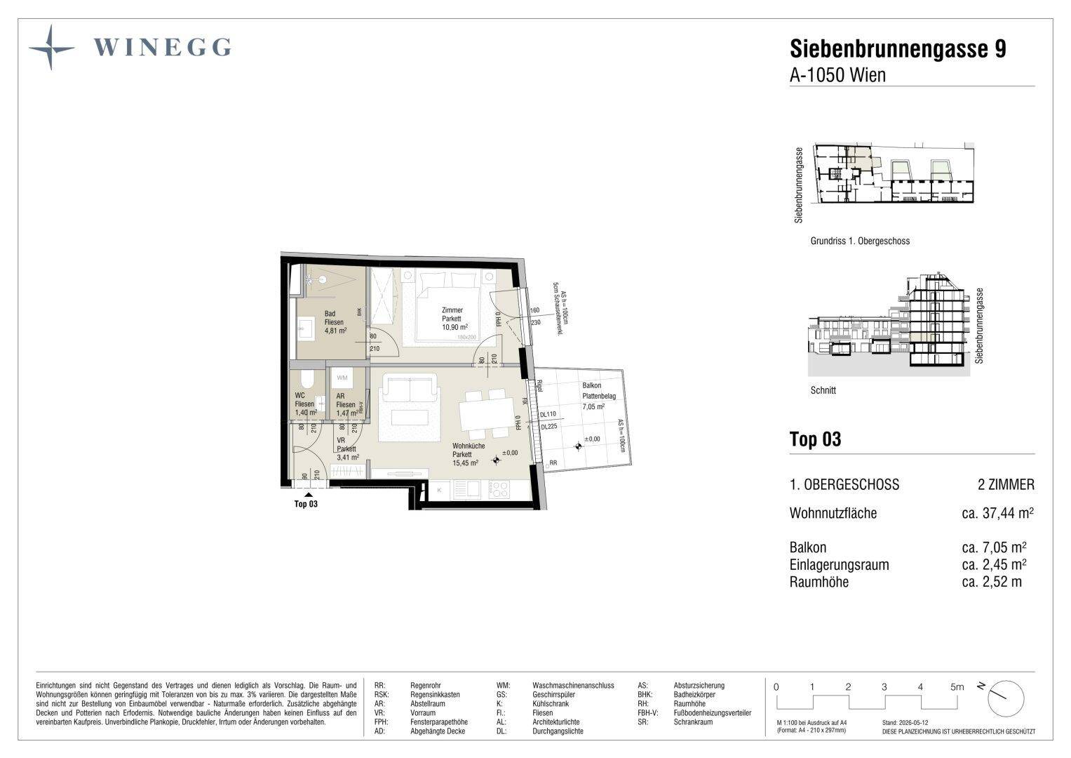 Grundriss einer Zweizimmerwohnung mit Balkon und separatem Abstellraum.