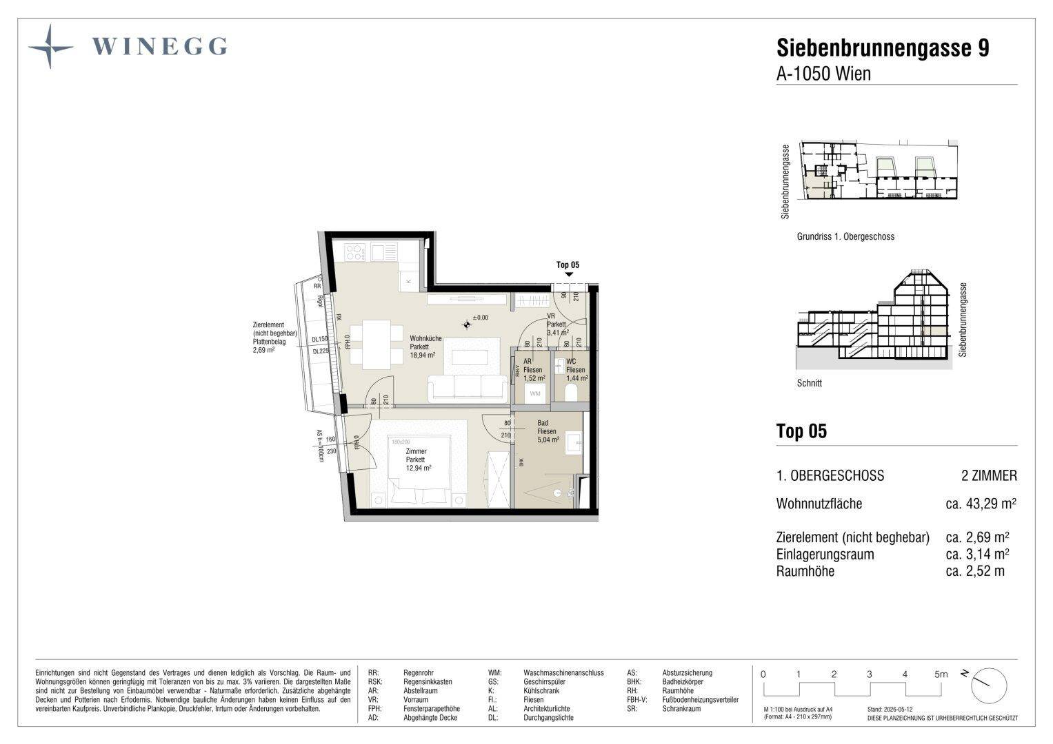 Grundriss einer 2-Zimmer-Wohnung im Obergeschoss mit Balkon und effizienter Raumaufteilung.