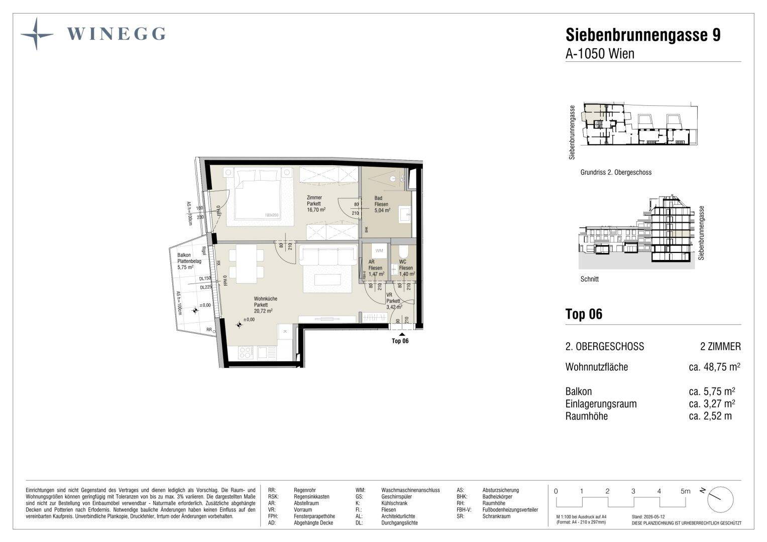 Grundriss der Wohnung Top 06 im 2. Obergeschoss mit zwei Zimmern und Balkon.