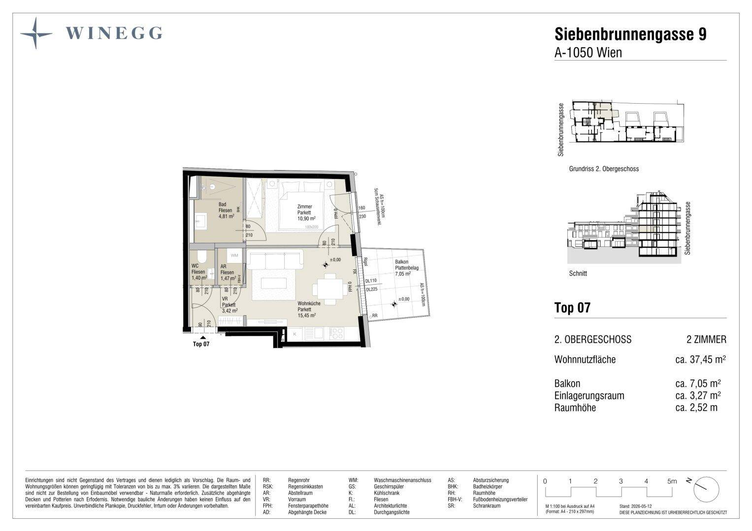 Grundriss der Wohnung Top 07 im Obergeschoss mit Balkon und effizienter Raumaufteilung.