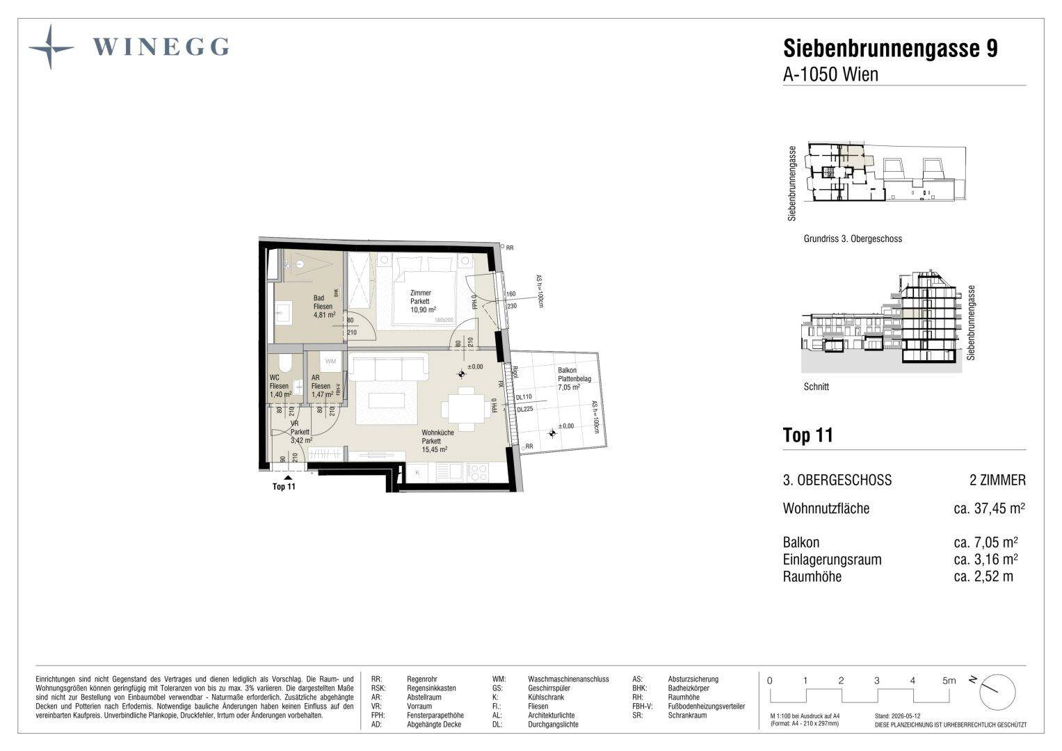 Grundriss der Wohnung Top 11 im dritten Obergeschoss mit Wohnküche, Schlafzimmer und Balkon.