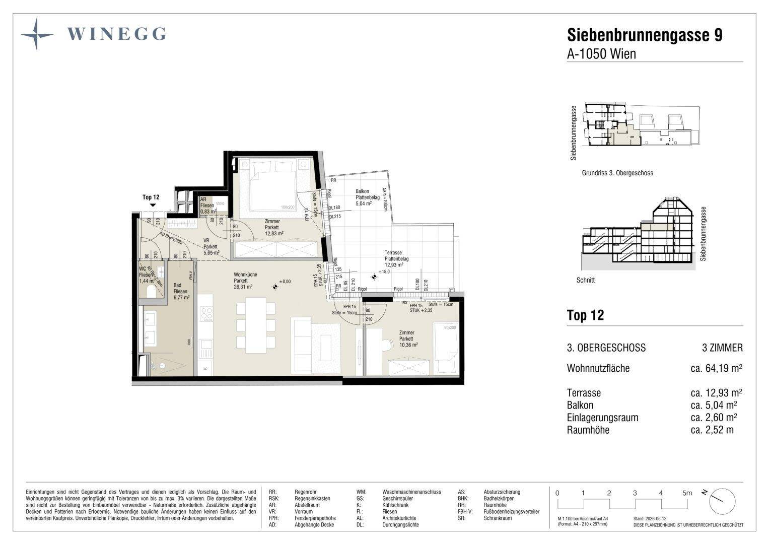 Grundriss der Wohnung Top 12 mit drei Zimmern, Balkon und Terrasse.