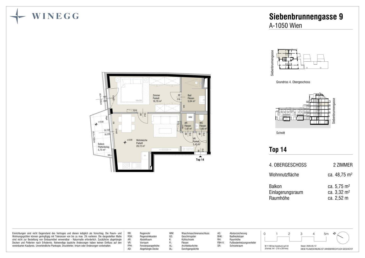 Grundriss der Wohnung Top 14 im 4. Obergeschoss mit Balkon und 2 Zimmern.