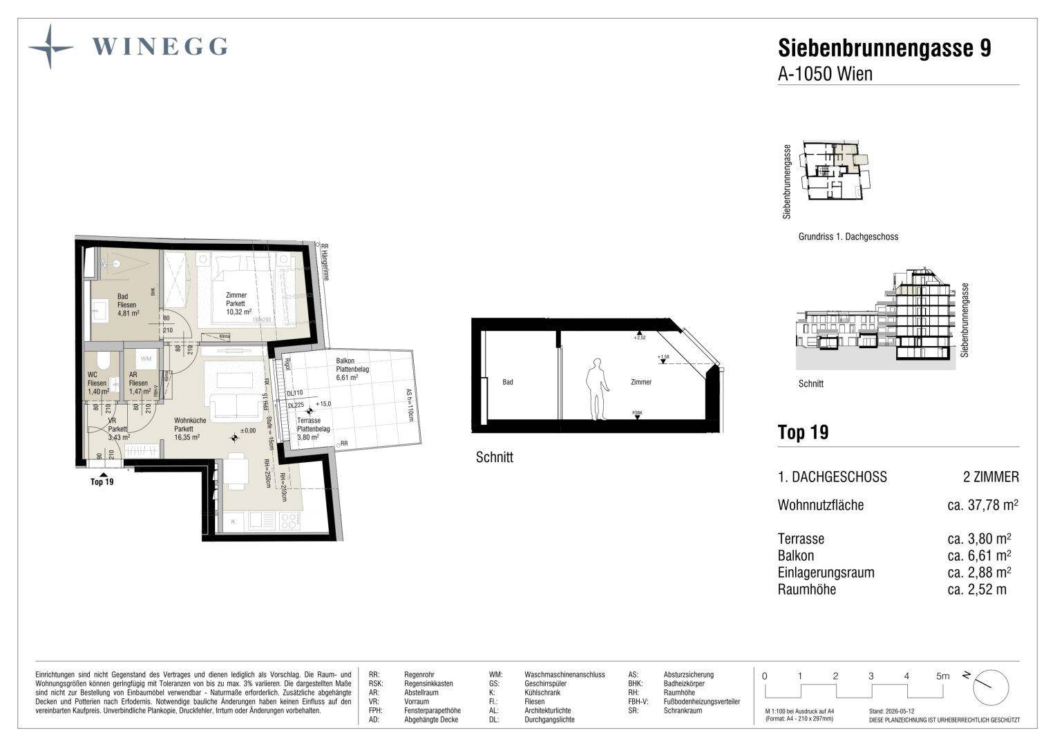 Grundriss der Dachgeschosswohnung Top 19 mit Terrasse und Balkon.