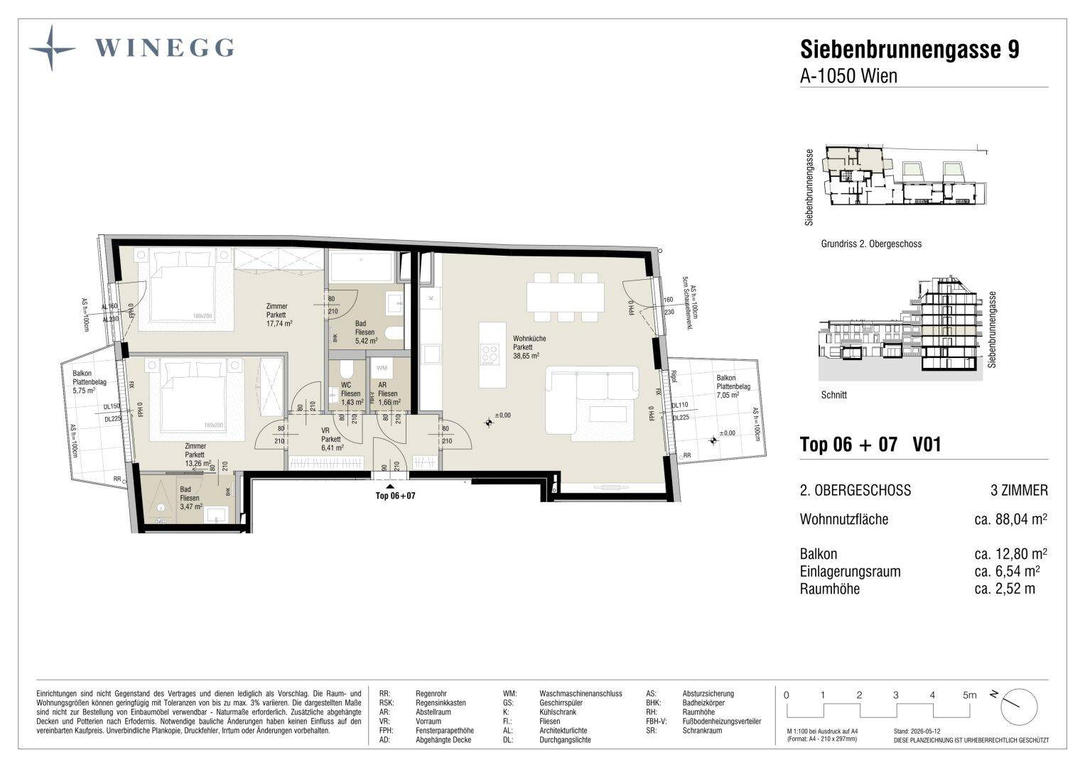 Detaillierter Grundriss für eine 3-Zimmer-Wohnung mit Balkon und offenem Wohnbereich.