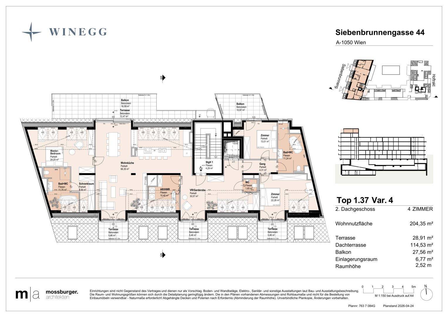 Detaillierter Grundriss des 2. Dachgeschosses mit vier Zimmern, mehreren Terrassen und Balkonen.