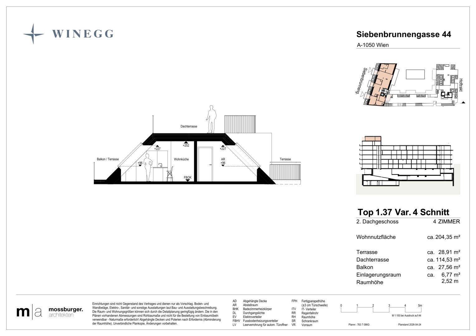 Architektonischer Schnitt des 2. Dachgeschosses, der die Dachschräge und die Terrassen zeigt.