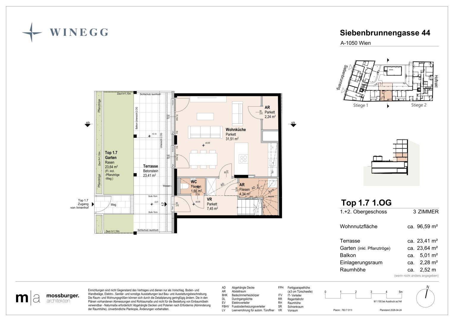 Grundriss des ersten Obergeschosses mit offener Wohnküche, Terrasse und Garten.