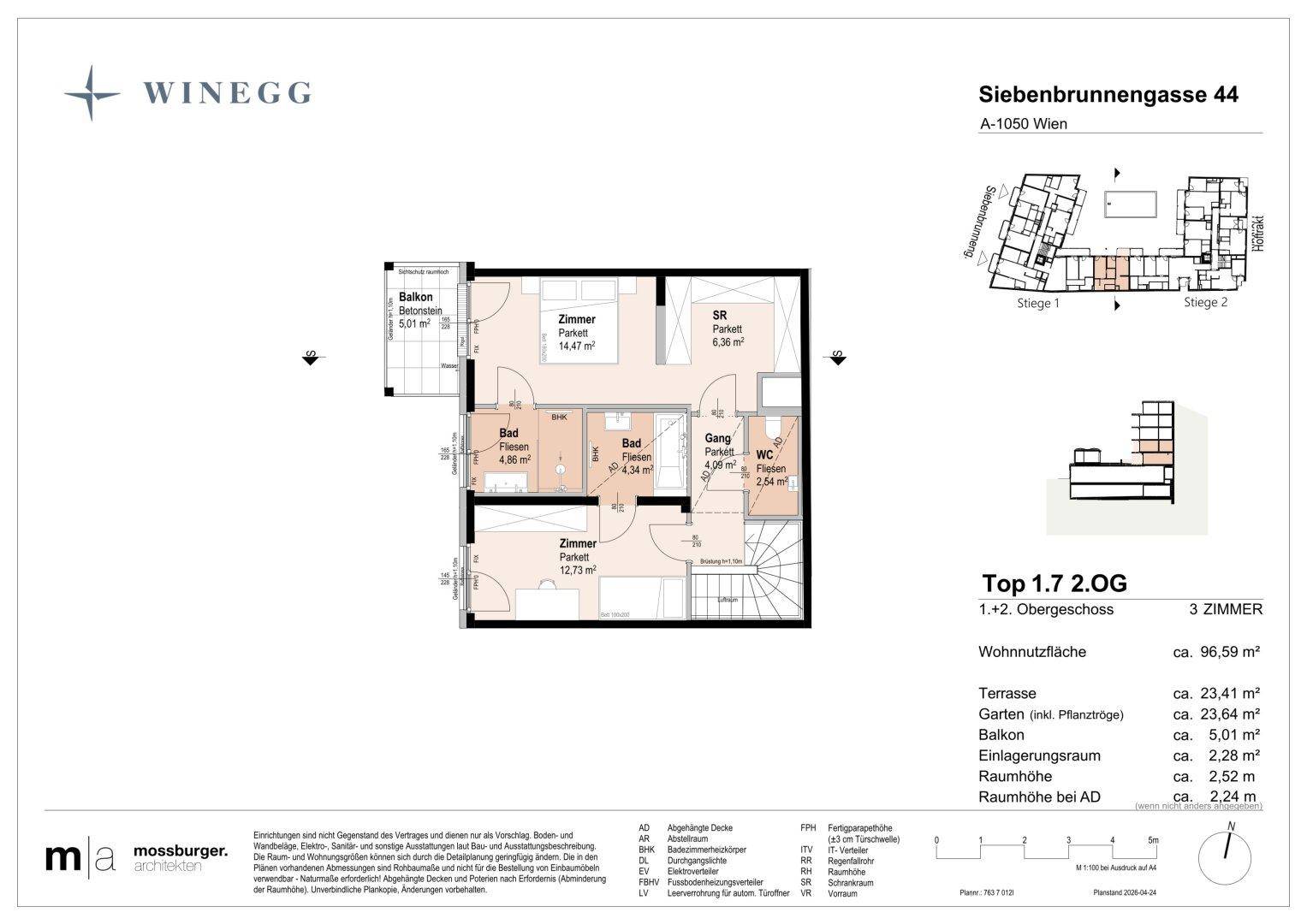 Grundriss des zweiten Obergeschosses mit Schlafzimmern, zwei Bädern und Balkon.