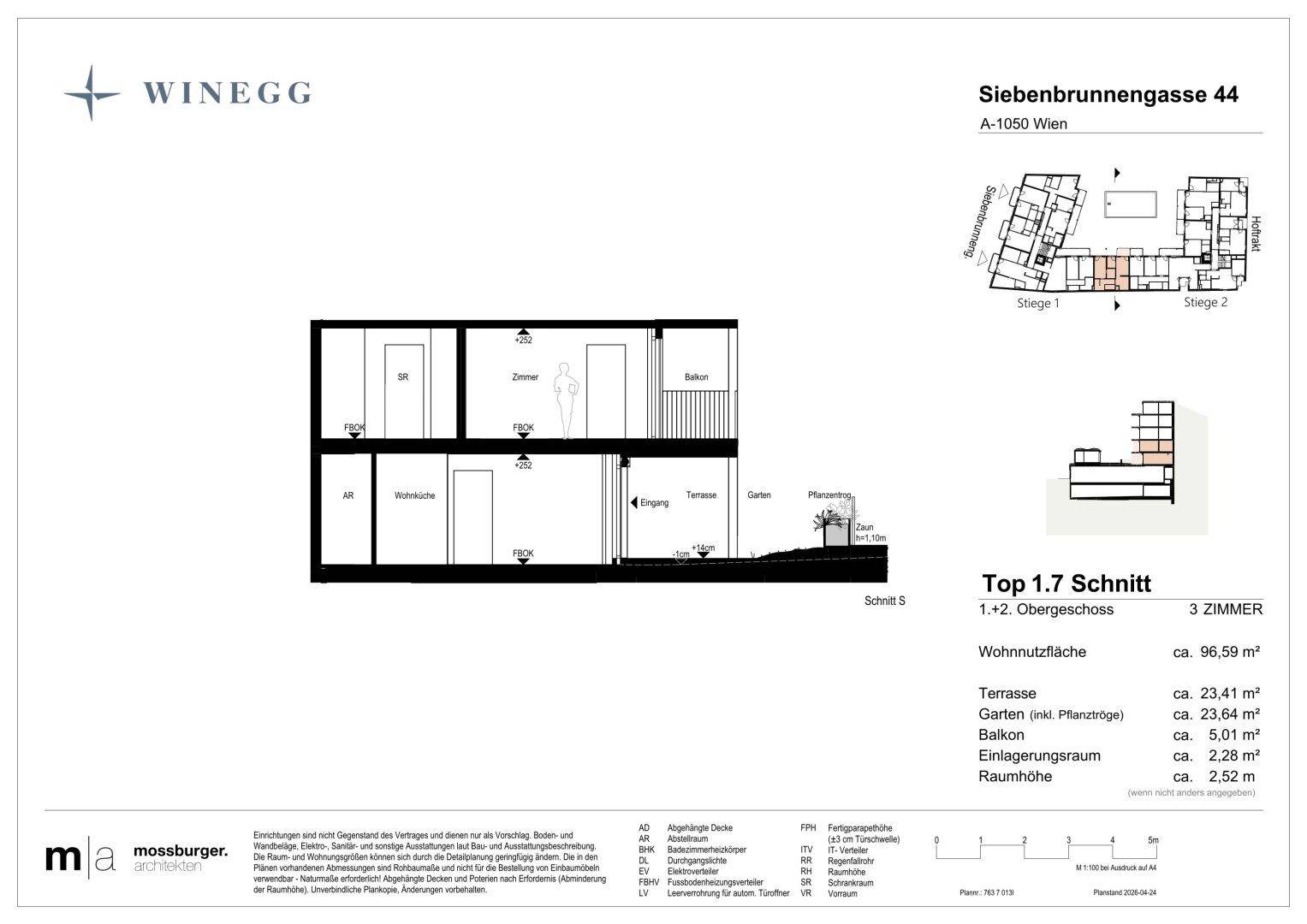 Schnittansicht des Objekts zeigt zwei Ebenen mit Terrasse, Garten und Balkon.