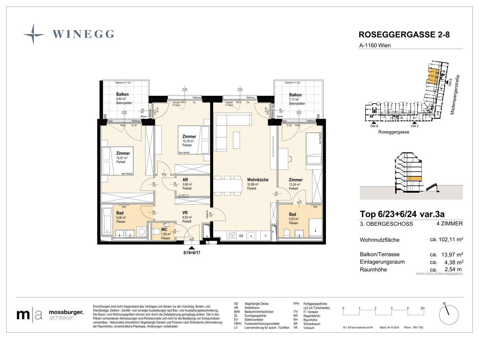 Grundriss einer 4-Zimmer-Wohnung im 3. Obergeschoss mit zwei Balkonen und Bädern.