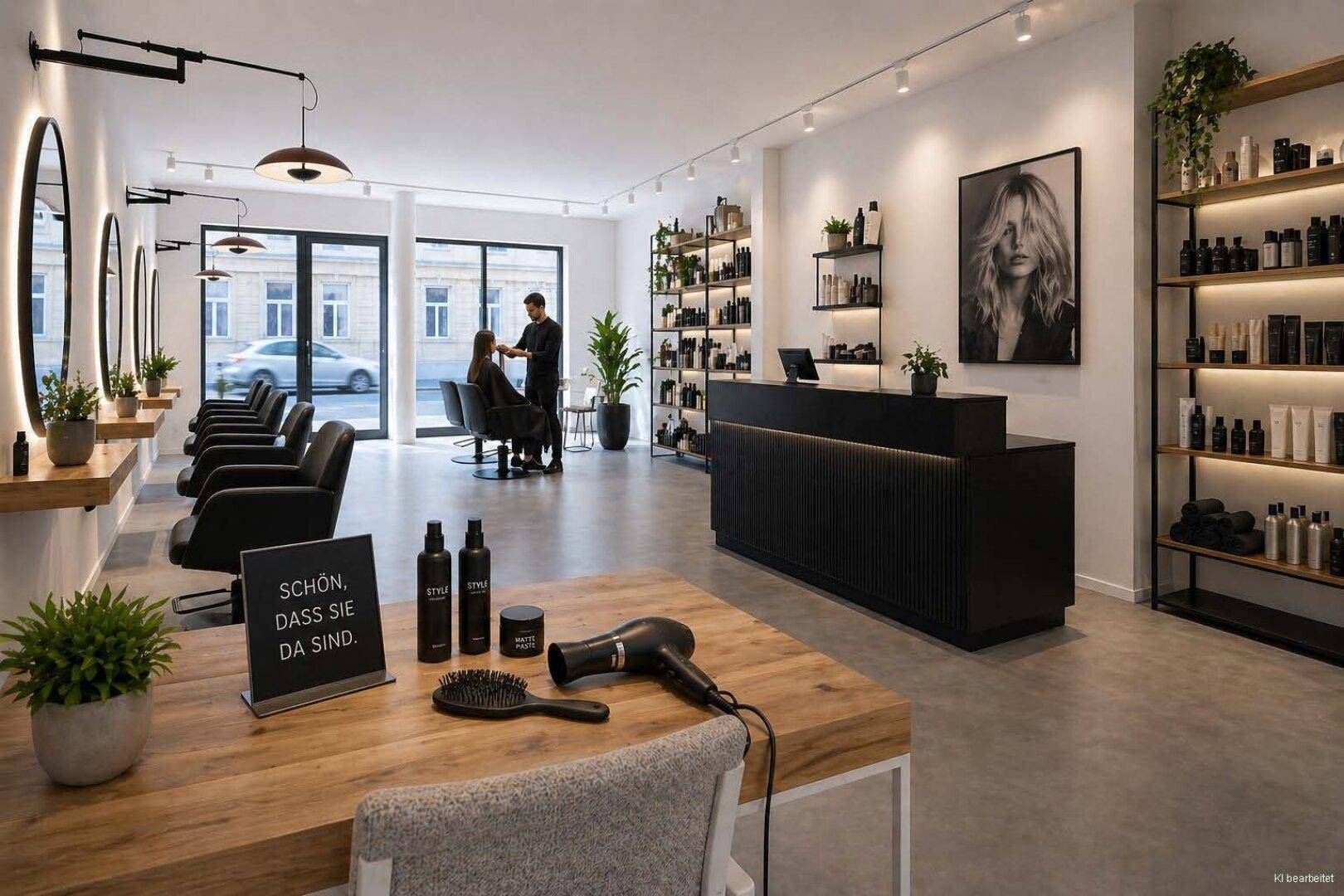 Eleganter Friseursalon mit modernen Bedienplätzen, großen Spiegeln und einer stilvollen Rezeption in Schwarz.