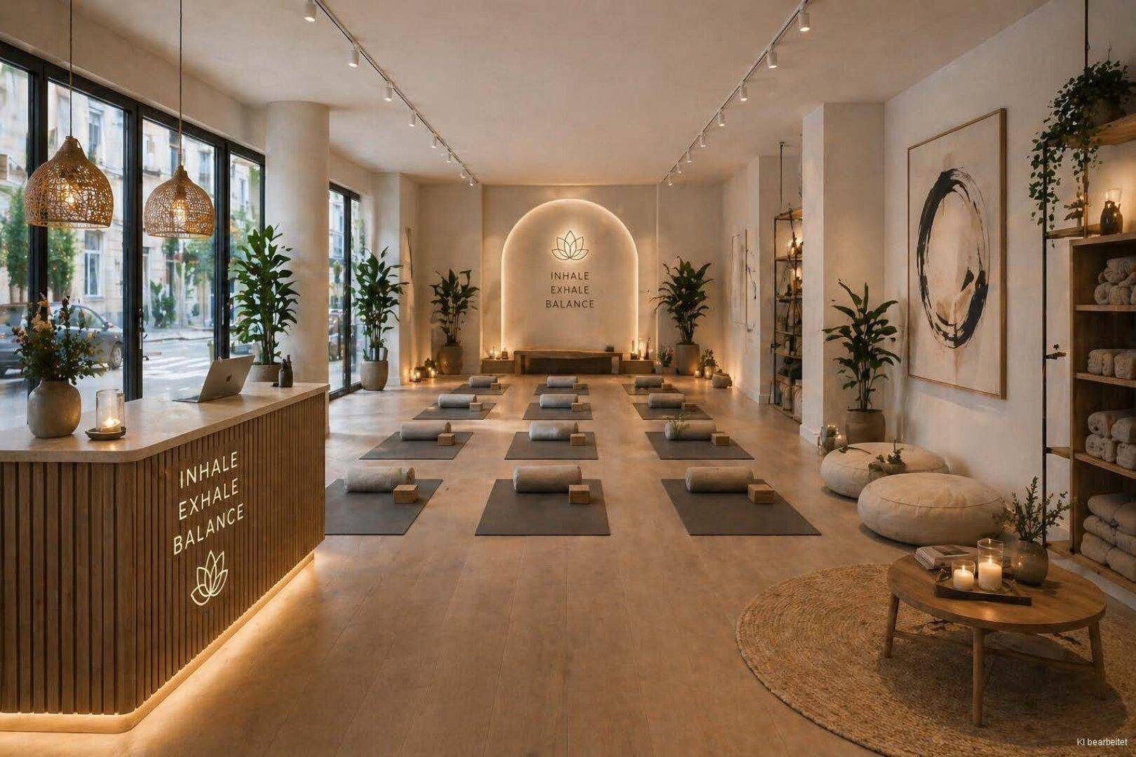 Heller und moderner Yogaraum mit großen Fenstern, Rezeption und entspannender Atmosphäre für Wellness.