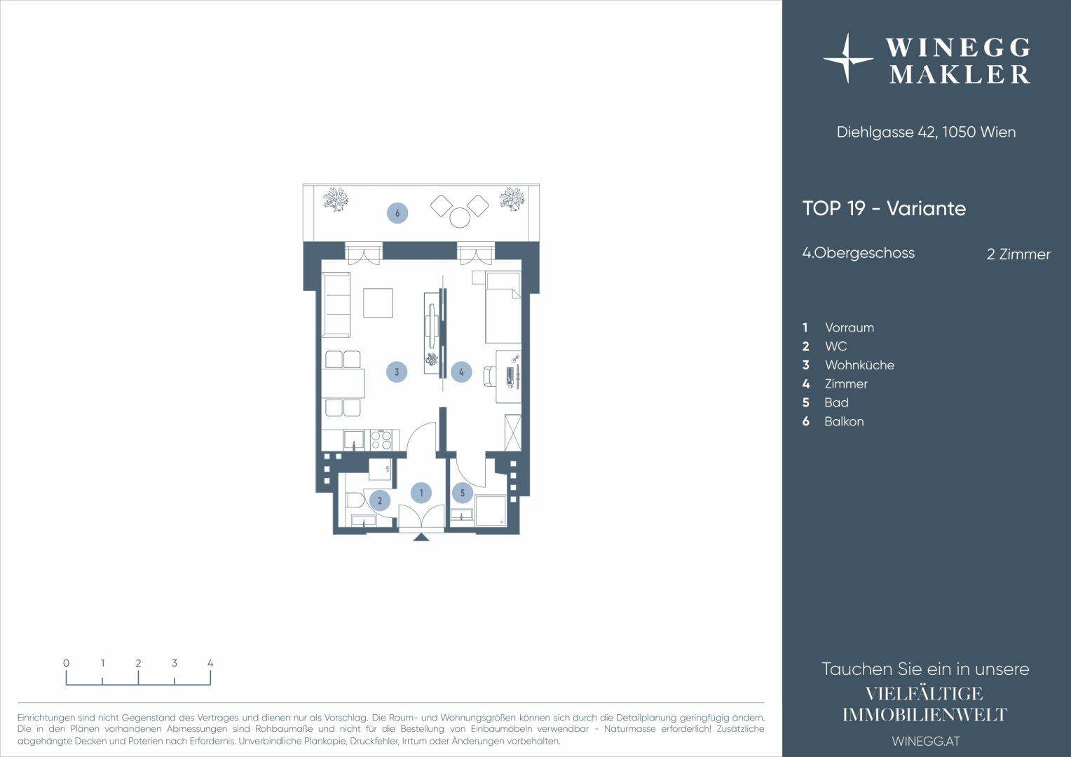 Alternativer Grundriss für eine 2-Zimmer-Wohnung mit Balkon im 4. Obergeschoss.
