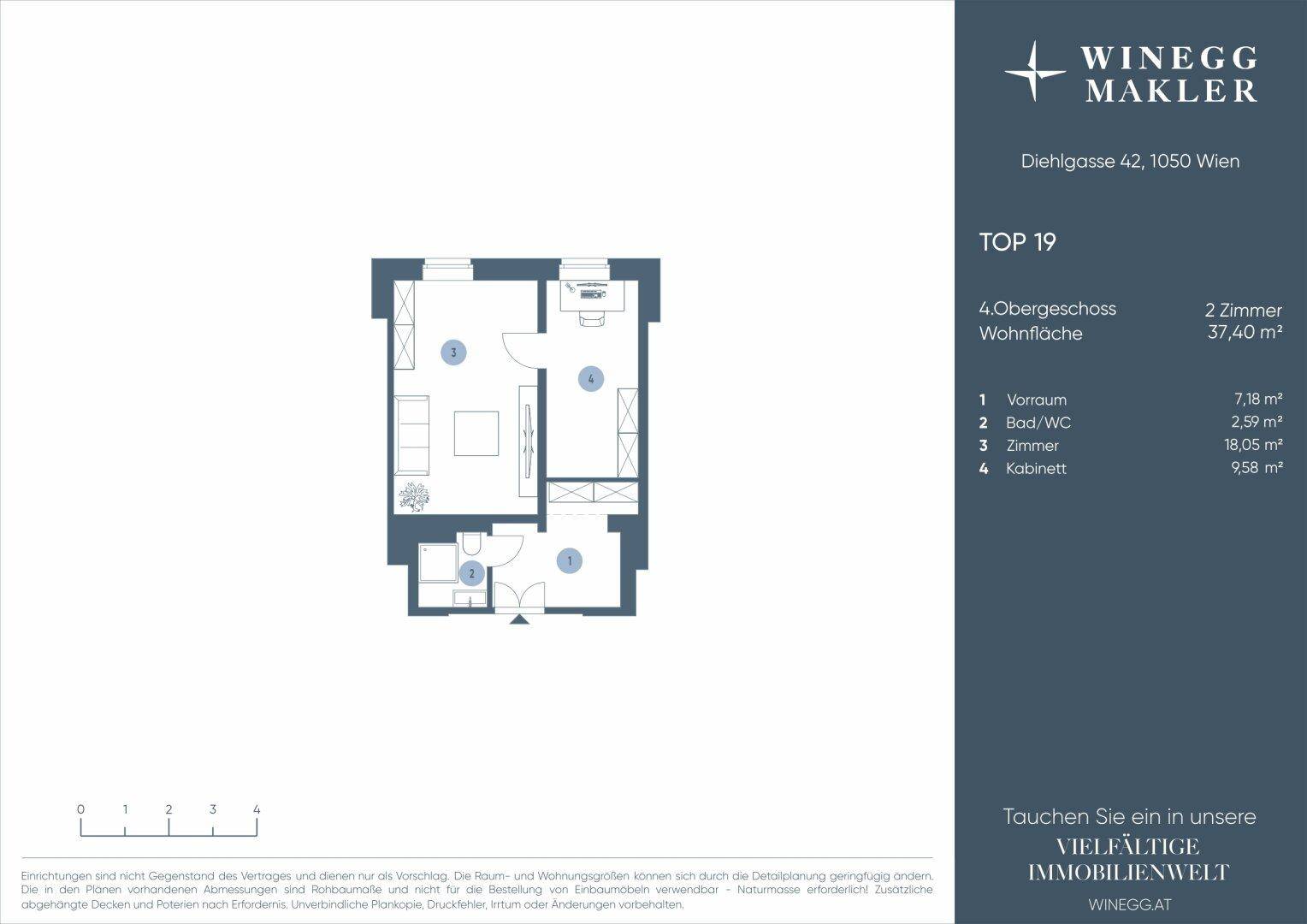 Grundriss für eine 2-Zimmer-Wohnung im 4. Obergeschoss mit 37,40 m² Wohnfläche.