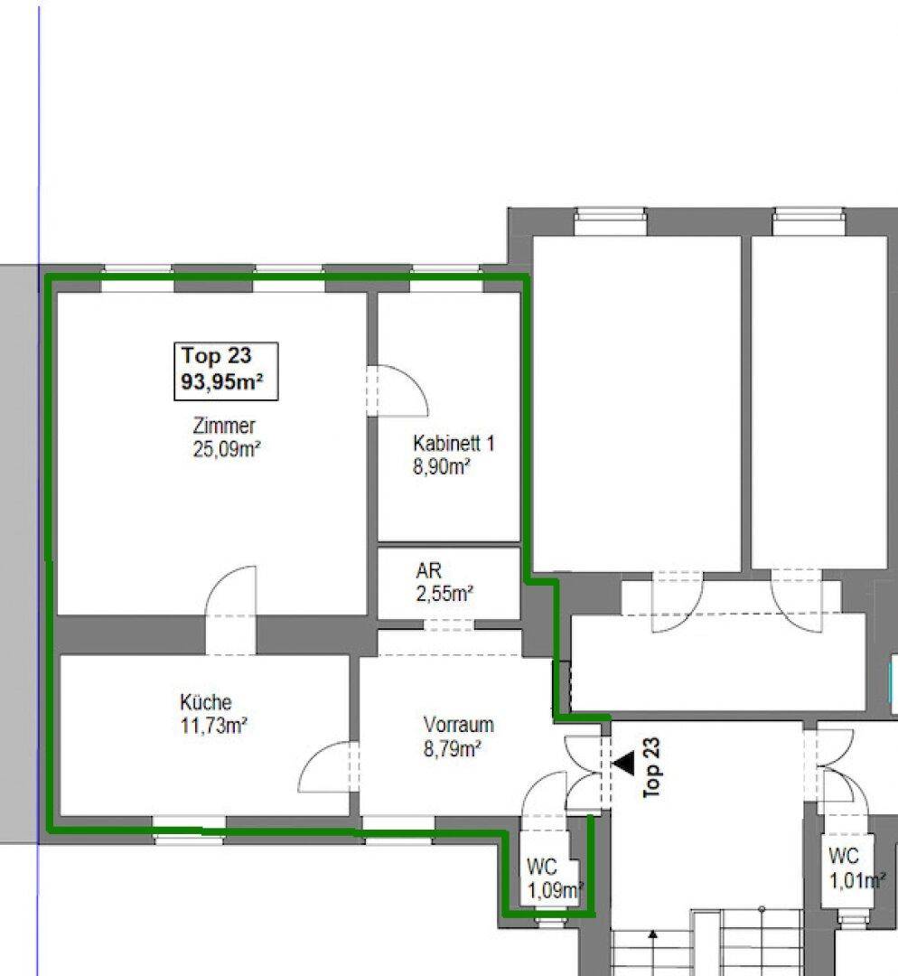 Grundriss einer Wohnung mit Zimmer, Küche, Kabinett, Abstellraum und zwei WCs.