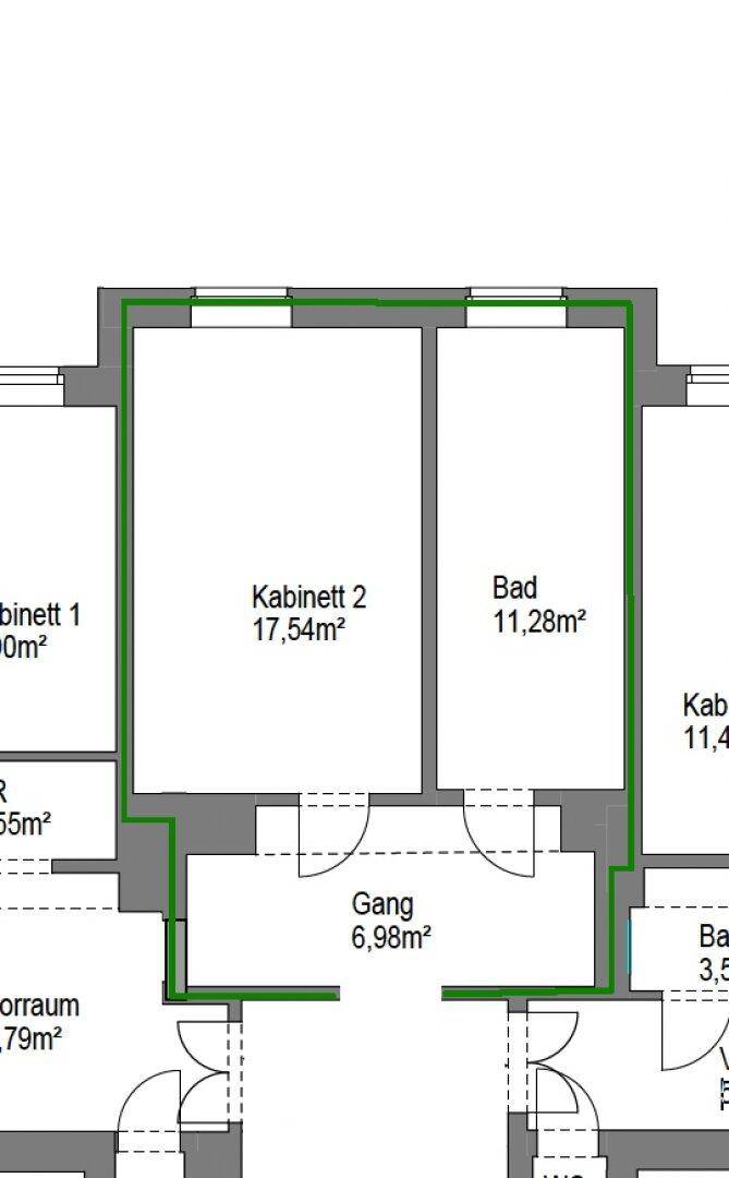 Grundriss einer Wohnung mit zwei Kabinetten, Bad und Gang.