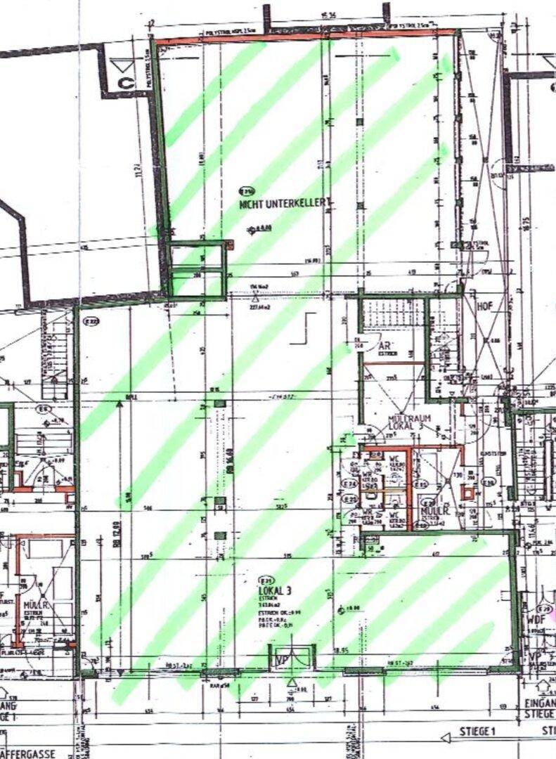Detaillierter Grundrissplan mit eingezeichneten Bereichen und Maßen, hervorgehobene Nutzfläche.