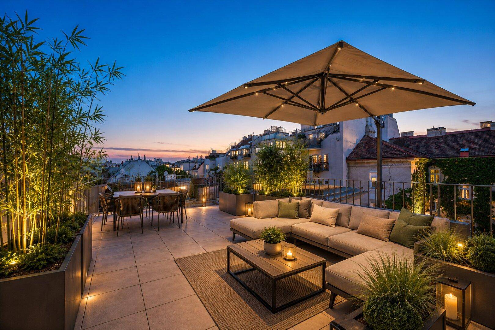 Gemütliche Dachterrasse bei Sonnenuntergang mit stilvollen Möbeln, Pflanzen und Stadtblick.