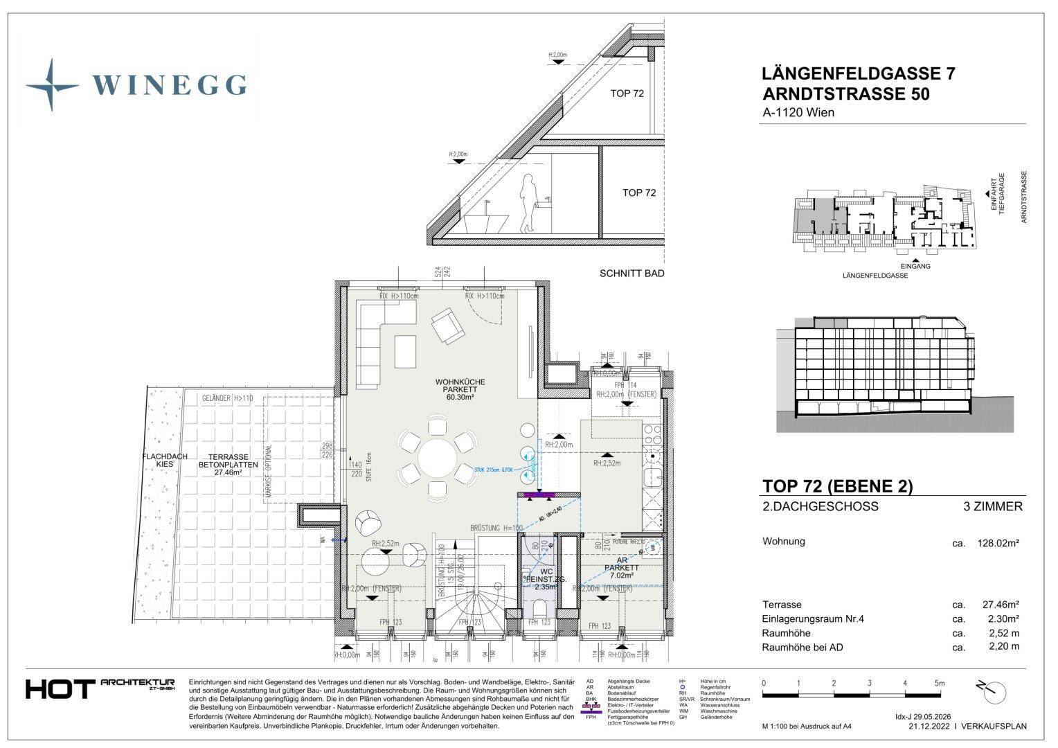 Grundriss der zweiten Ebene einer Wohnung mit großer Terrasse und offenem Wohnbereich.