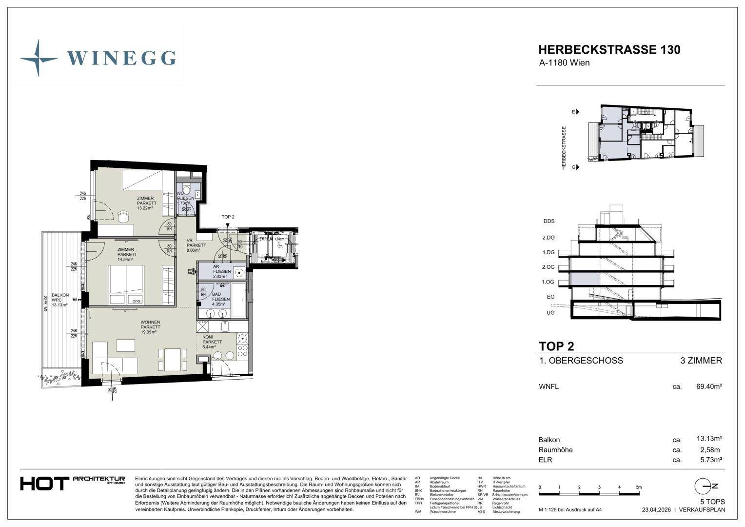 Grundriss der Wohnung Top 2 im ersten Obergeschoss mit Balkon.