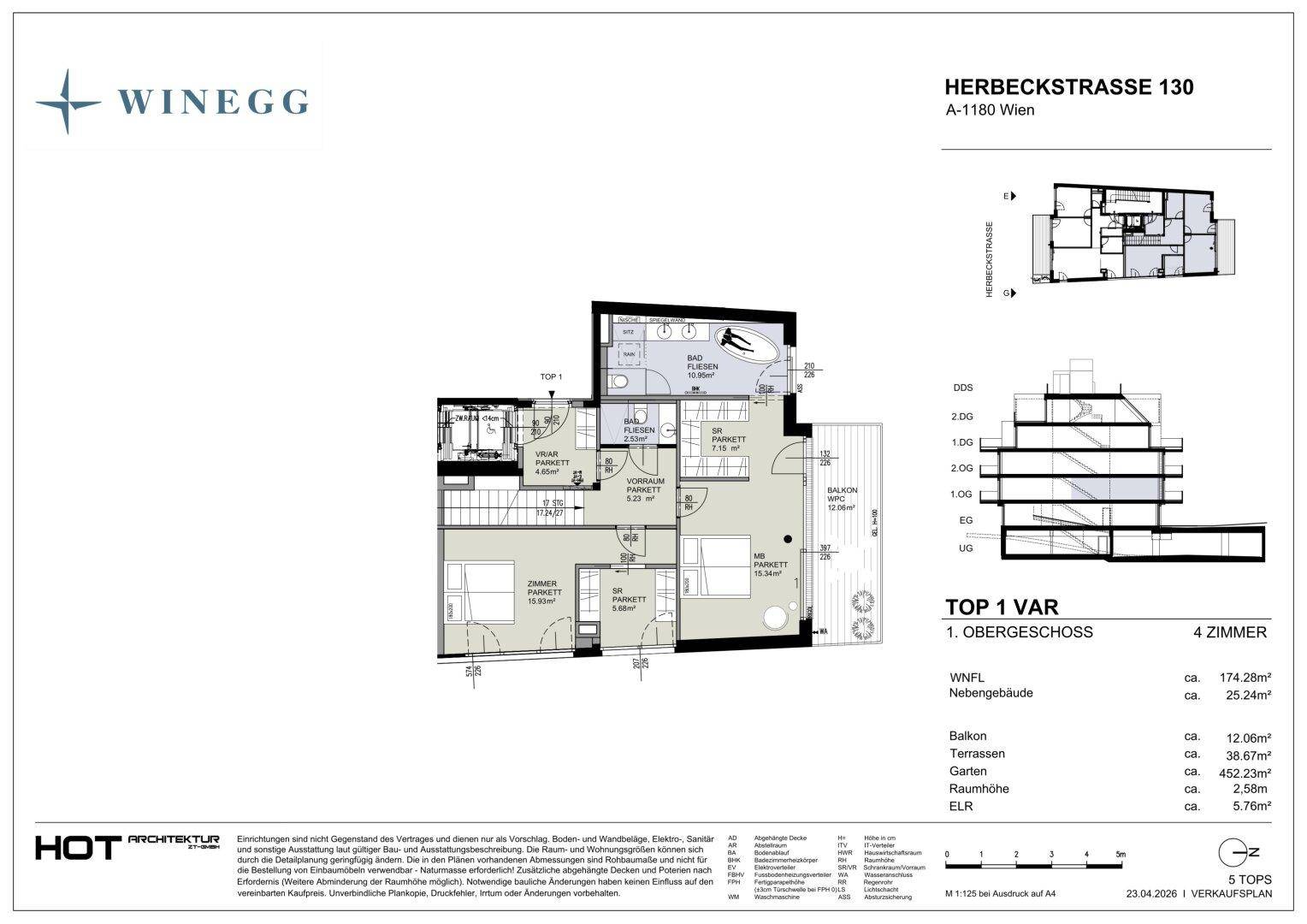 Grundriss des Obergeschosses mit Schlafzimmern, Bädern und Balkon.