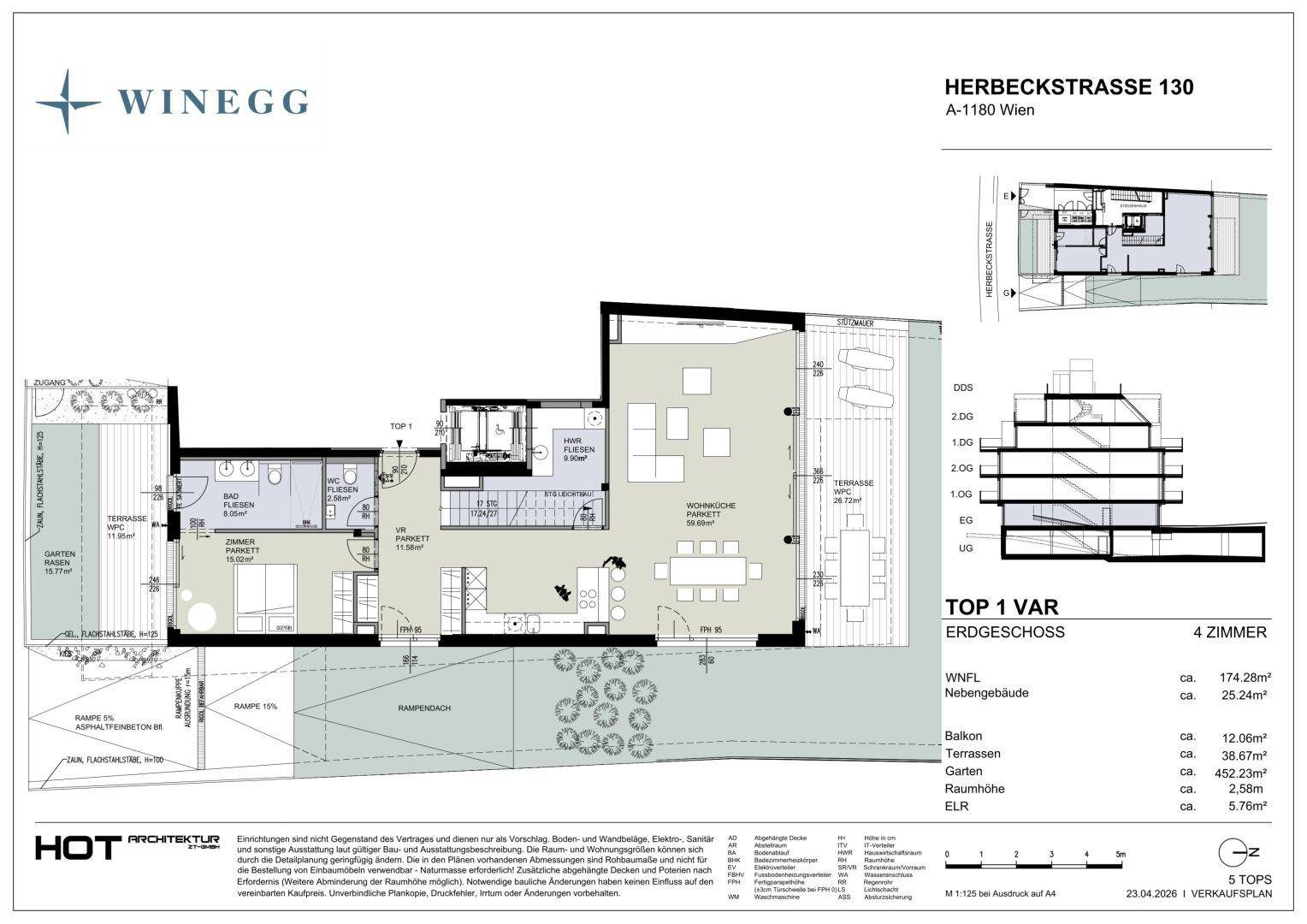 Grundriss des Erdgeschosses mit Wohnbereich, Küche, Bädern und Zugang zum Garten.