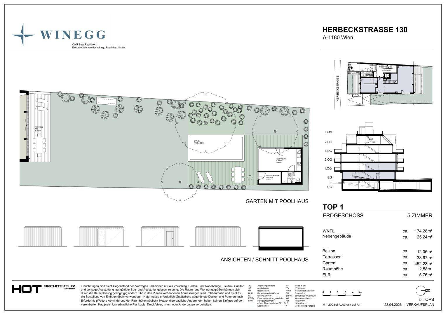 Gartenplan mit Pool, Liegeflächen und Nebengebäude.