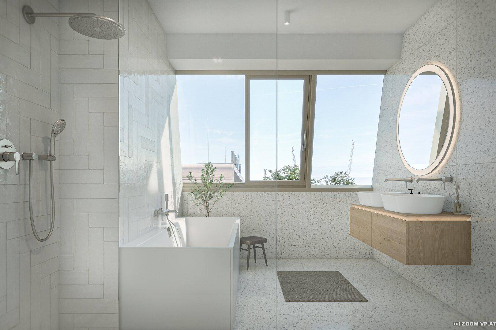 Modernes Badezimmer mit Badewanne, Dusche, Doppelwaschbecken und großem Fenster.