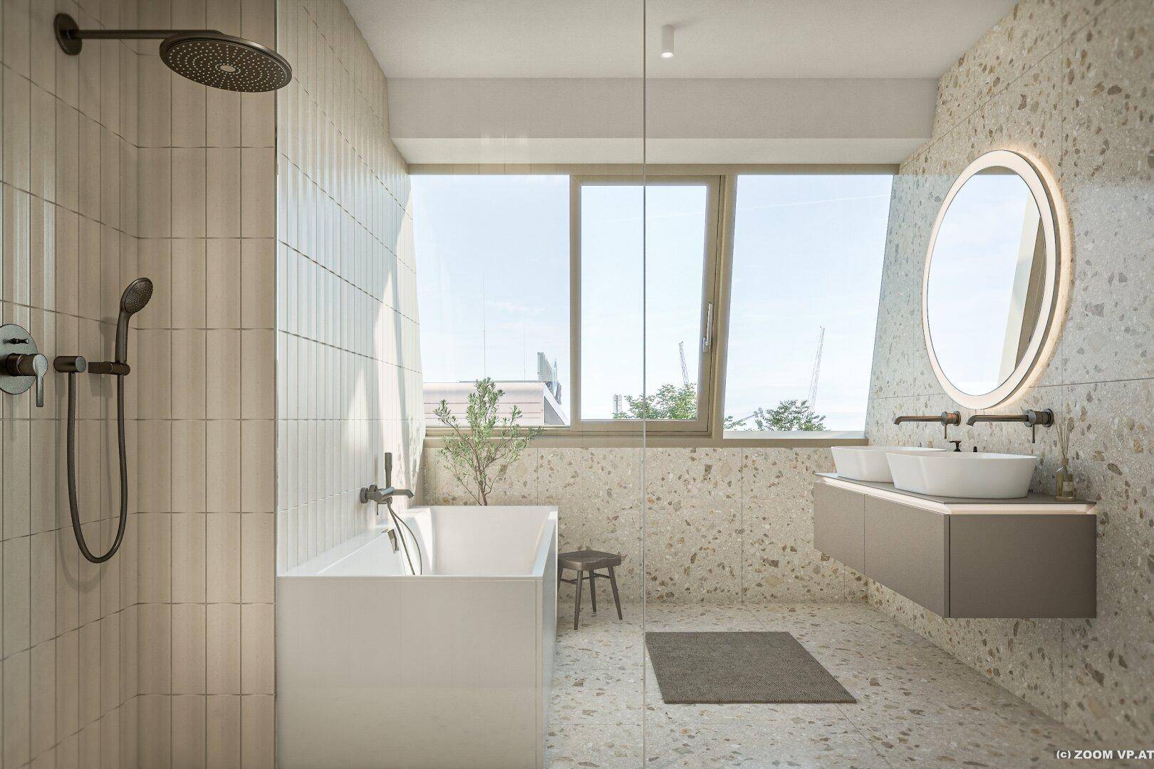 Modernes Badezimmer mit Badewanne, Dusche, Doppelwaschbecken und großem Fenster.
