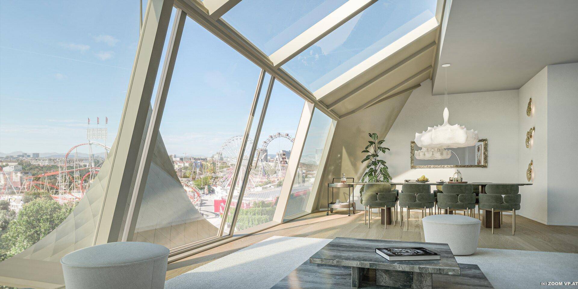 Lichtdurchfluteter Wohn-Essbereich mit beeindruckender Glasfassade und weitem Stadtblick.