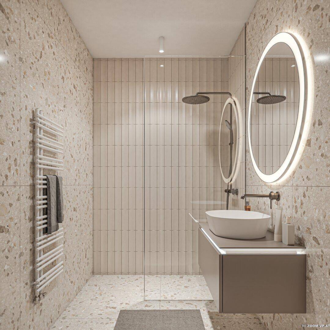 Zeitgemäßes Badezimmer mit Terrazzofliesen, begehbarer Dusche und schwebendem Waschtisch.