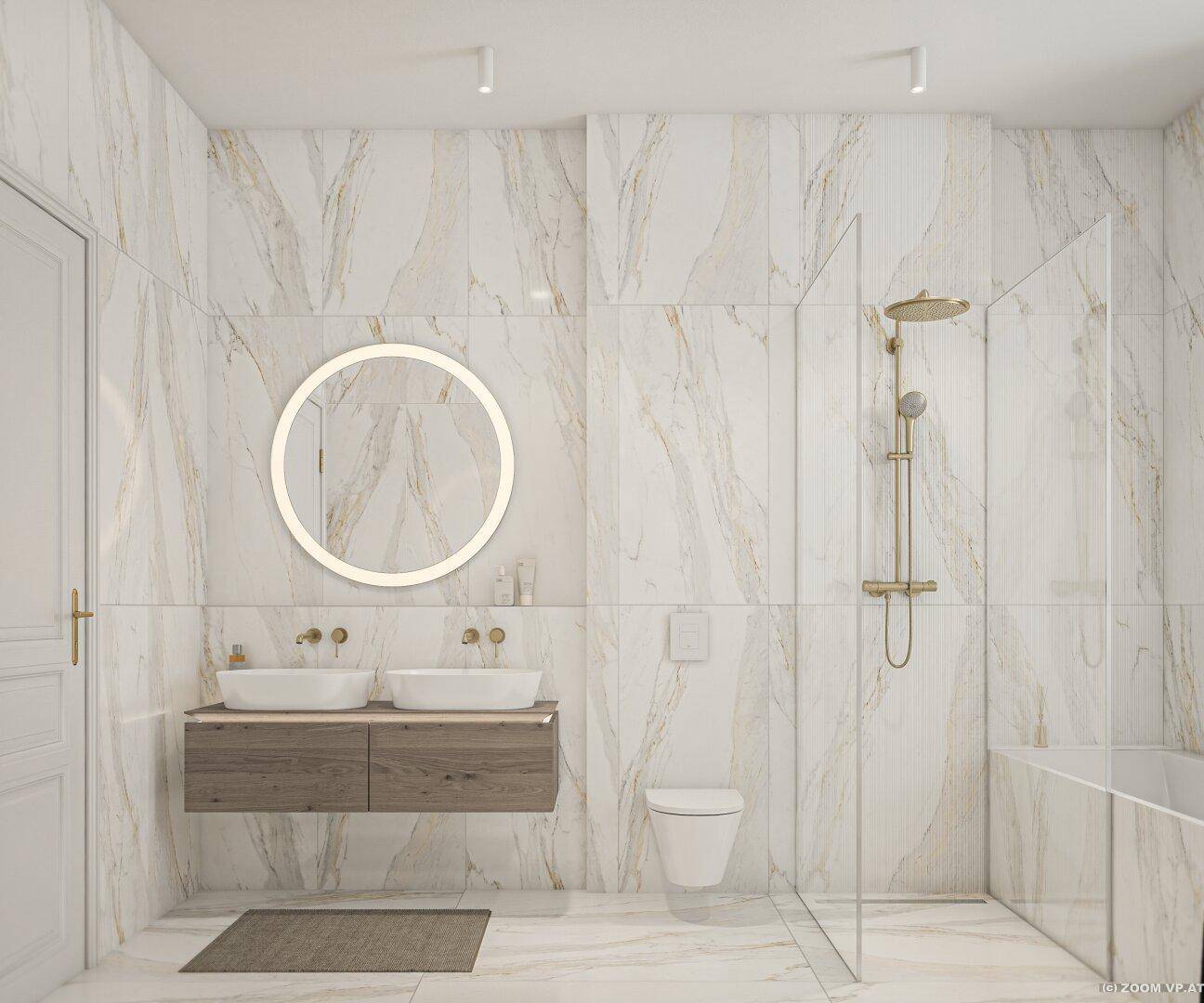Luxuriöses Badezimmer mit Marmoroptik-Fliesen, Doppelwaschbecken und einer geräumigen Dusche.