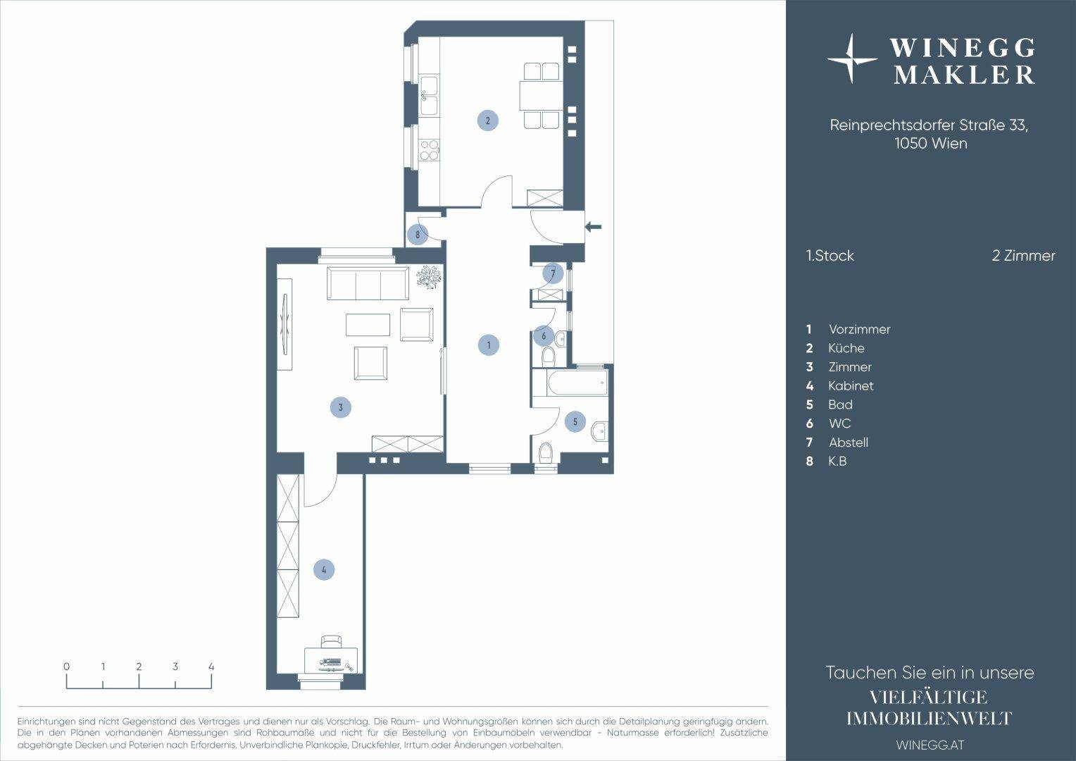 Grundriss der Wohnung mit zwei Zimmern, Küche, Bad und separatem WC.