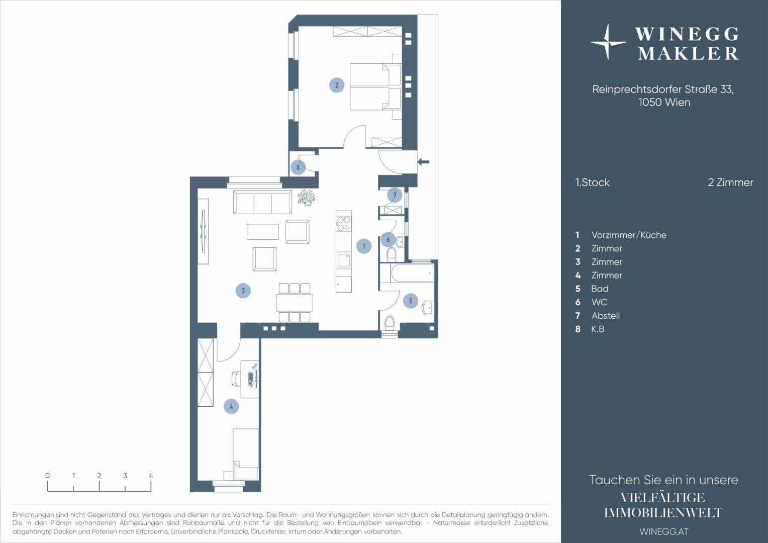 Alternativer Grundriss der Wohnung mit offener Küche, zwei Zimmern und Balkonzugang.