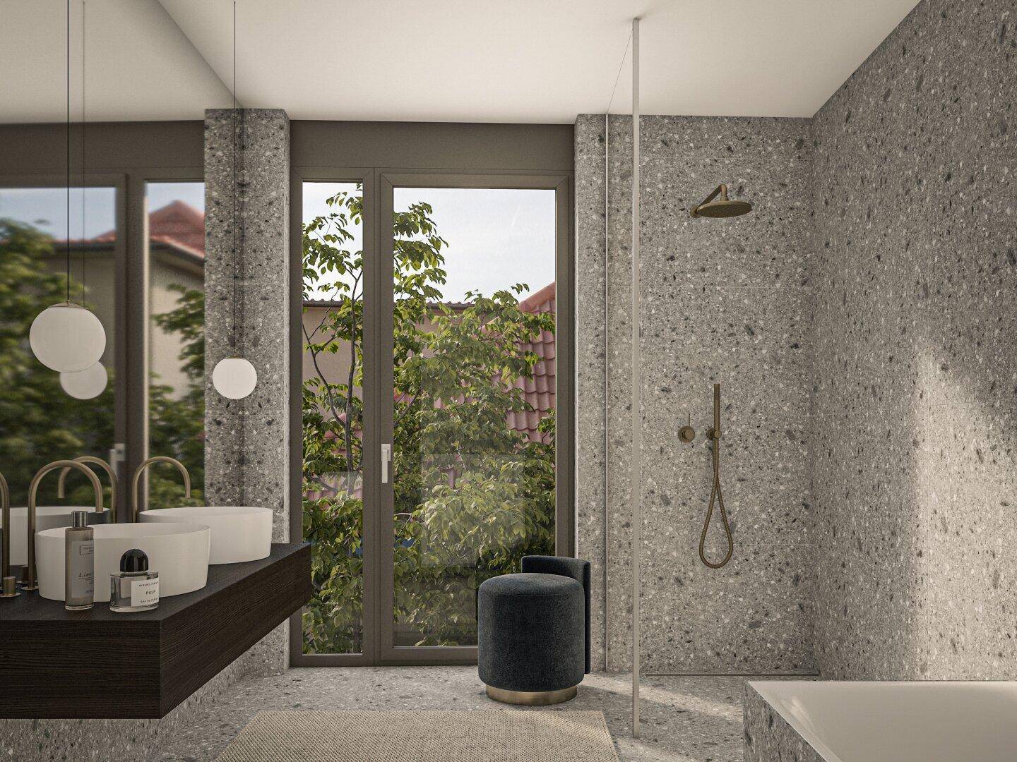 Modernes Badezimmer mit Doppelwaschbecken, Dusche und Fenster mit Blick ins Grüne.