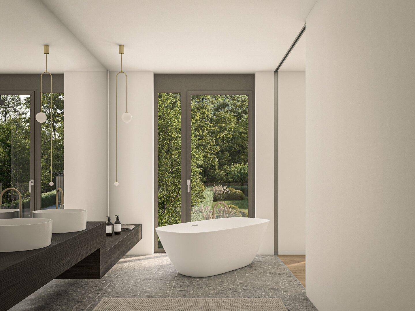 Helles Badezimmer mit freistehender Badewanne, Doppelwaschbecken und Terrazzoboden.