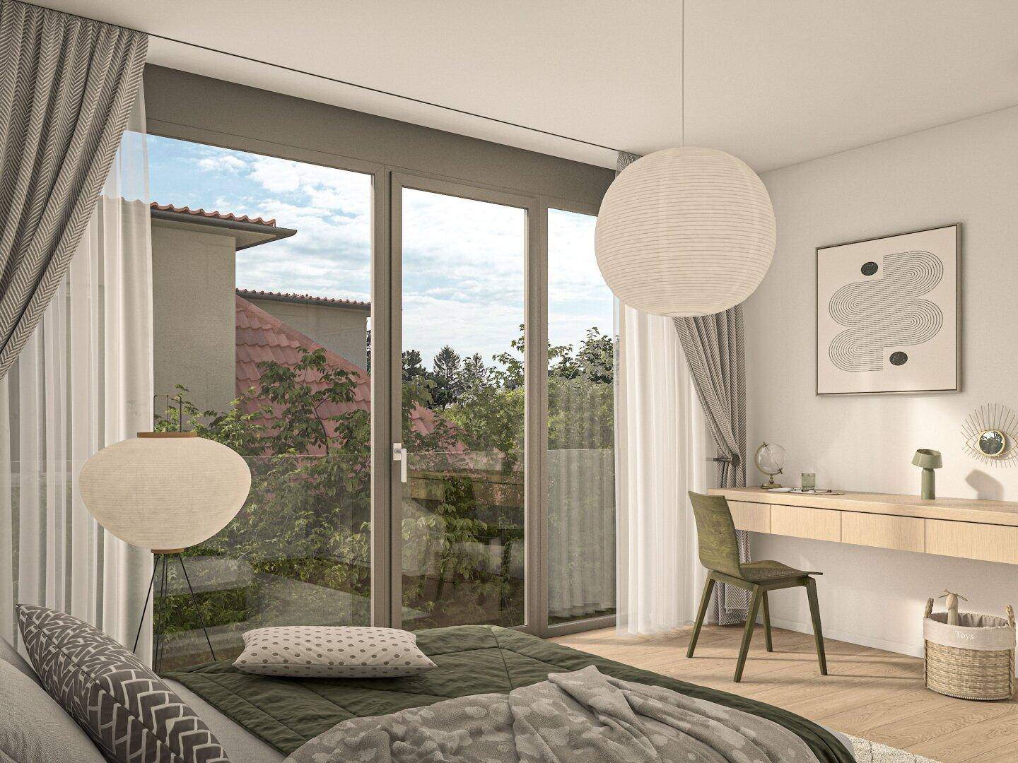 Helles Schlafzimmer mit modernem Schreibtisch und großem Fenster mit Blick auf die Umgebung.