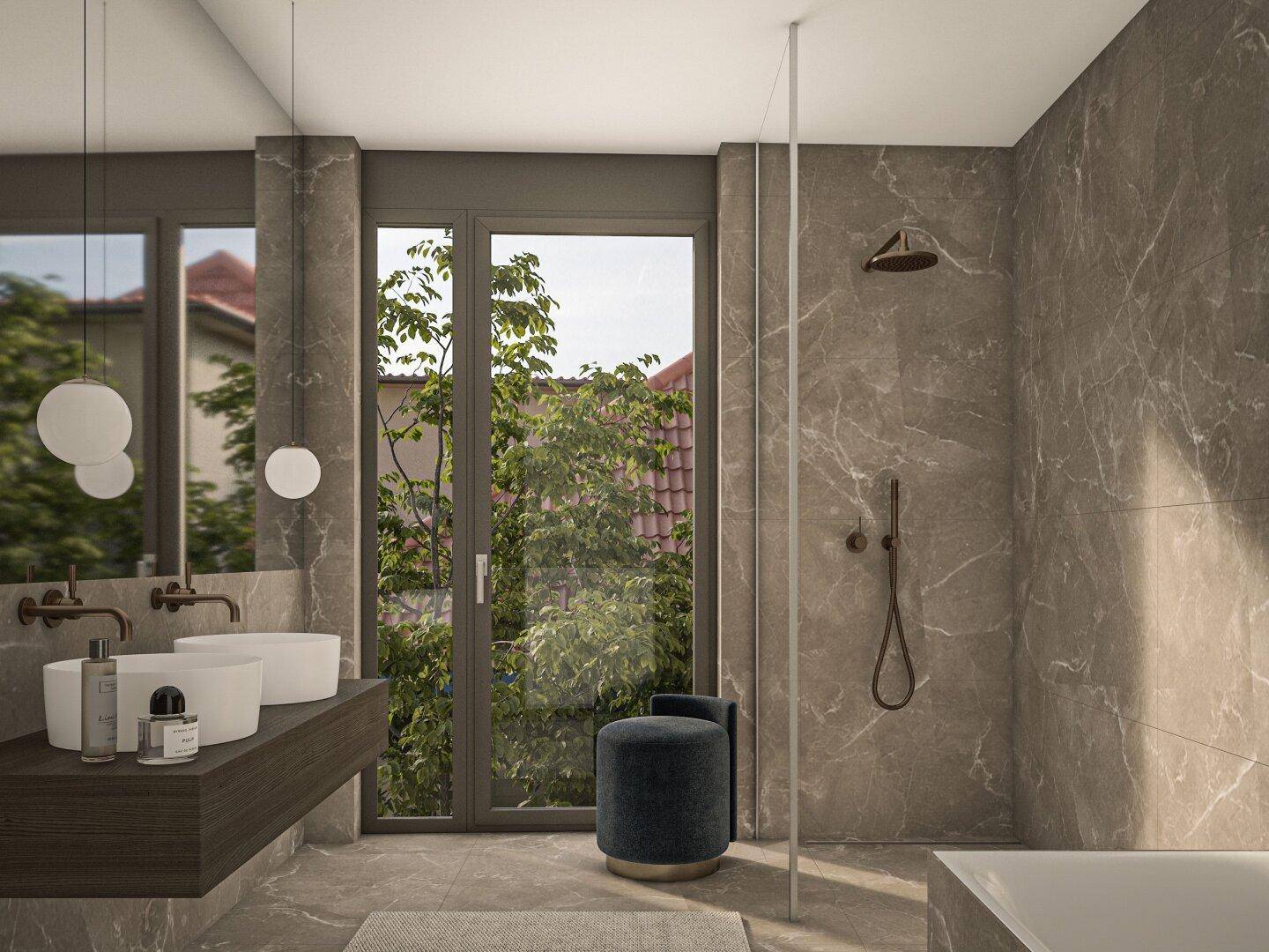 Elegantes Badezimmer mit Doppelwaschbecken, begehbarer Dusche und Fenster mit Marmoroptik.