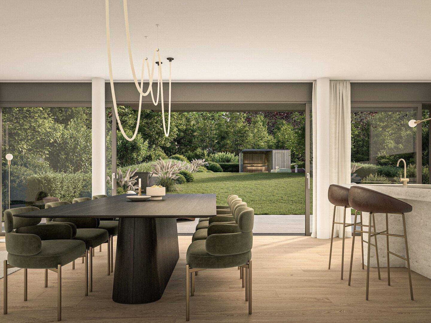 Moderner Essbereich mit großem Tisch, bequemen Stühlen und direktem Zugang zum grünen Garten.