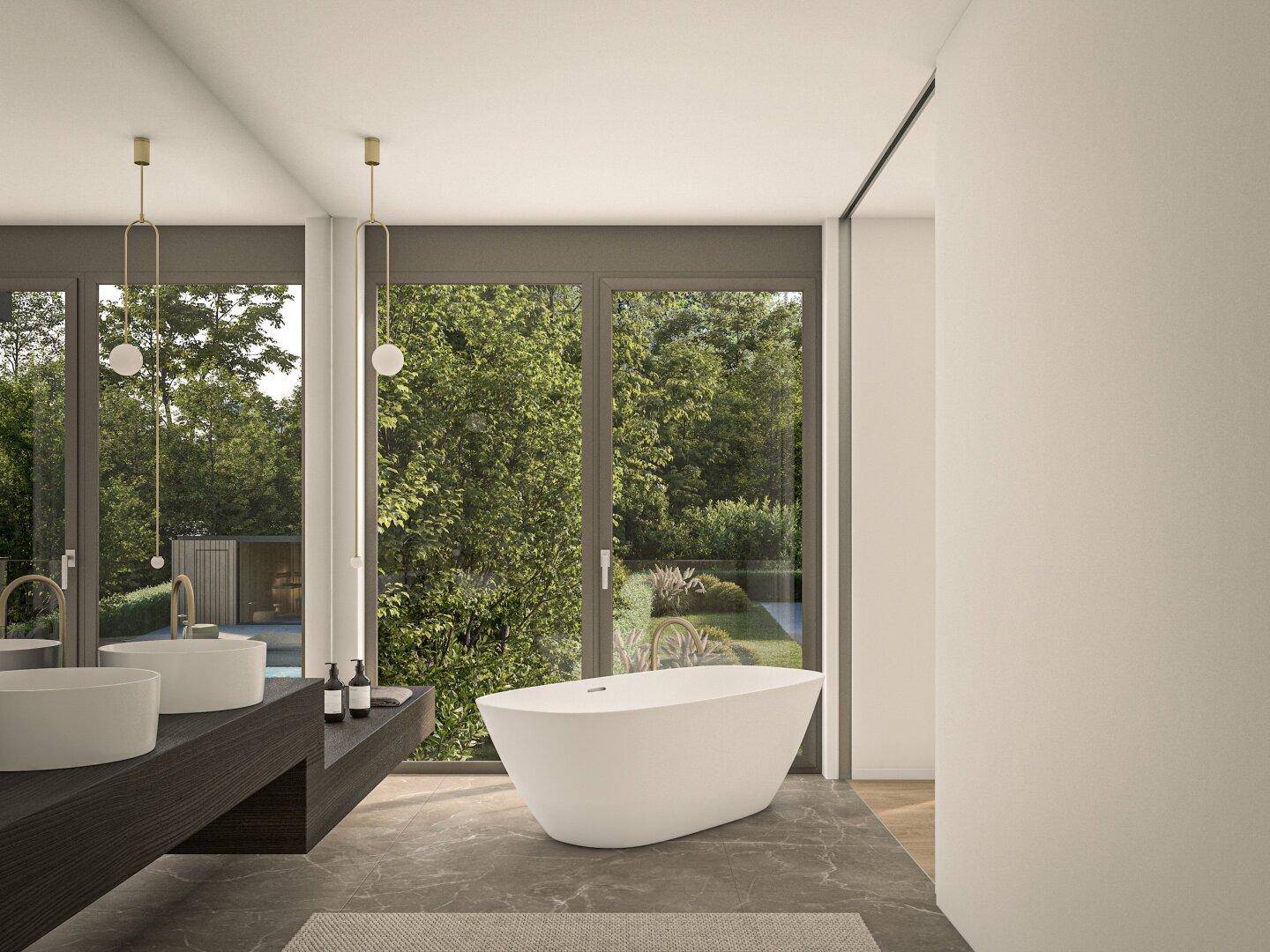 Elegantes Badezimmer mit freistehender Badewanne, Doppelwaschbecken und Blick in den Garten.
