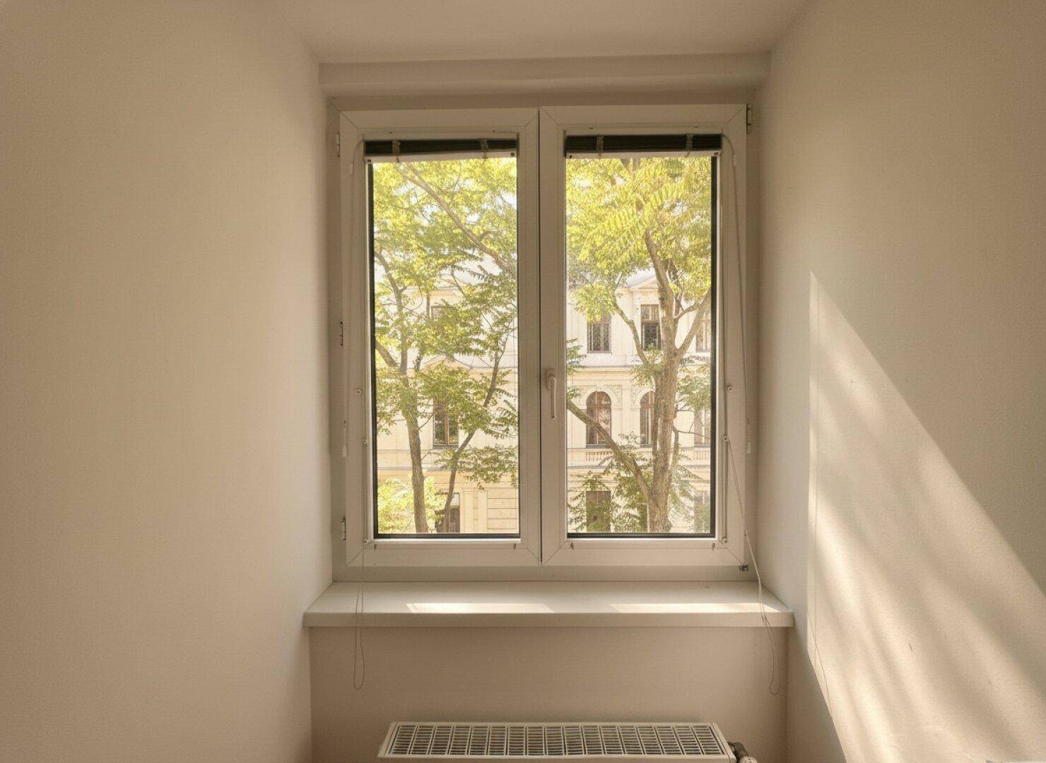 Fenster mit Blick auf grüne Bäume und die umliegenden Gebäude, das viel Tageslicht hereinlässt.