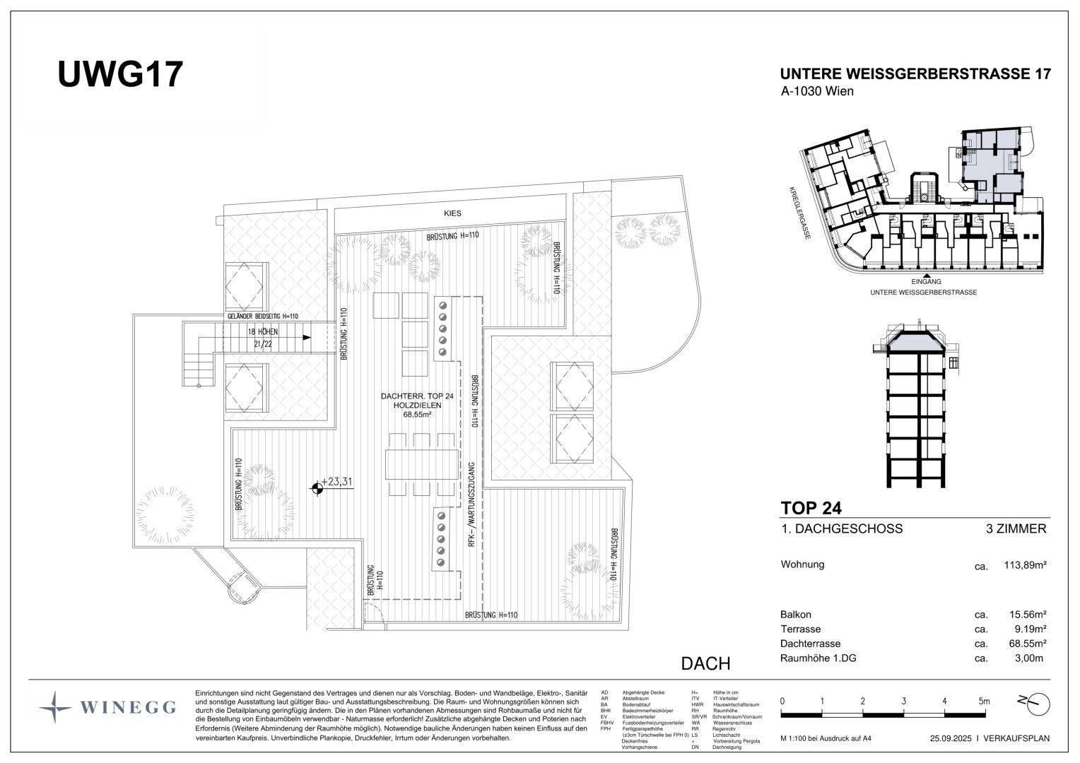 Grundriss der großzügigen Dachterrasse mit verschiedenen Außenbereichen und Bepflanzung.