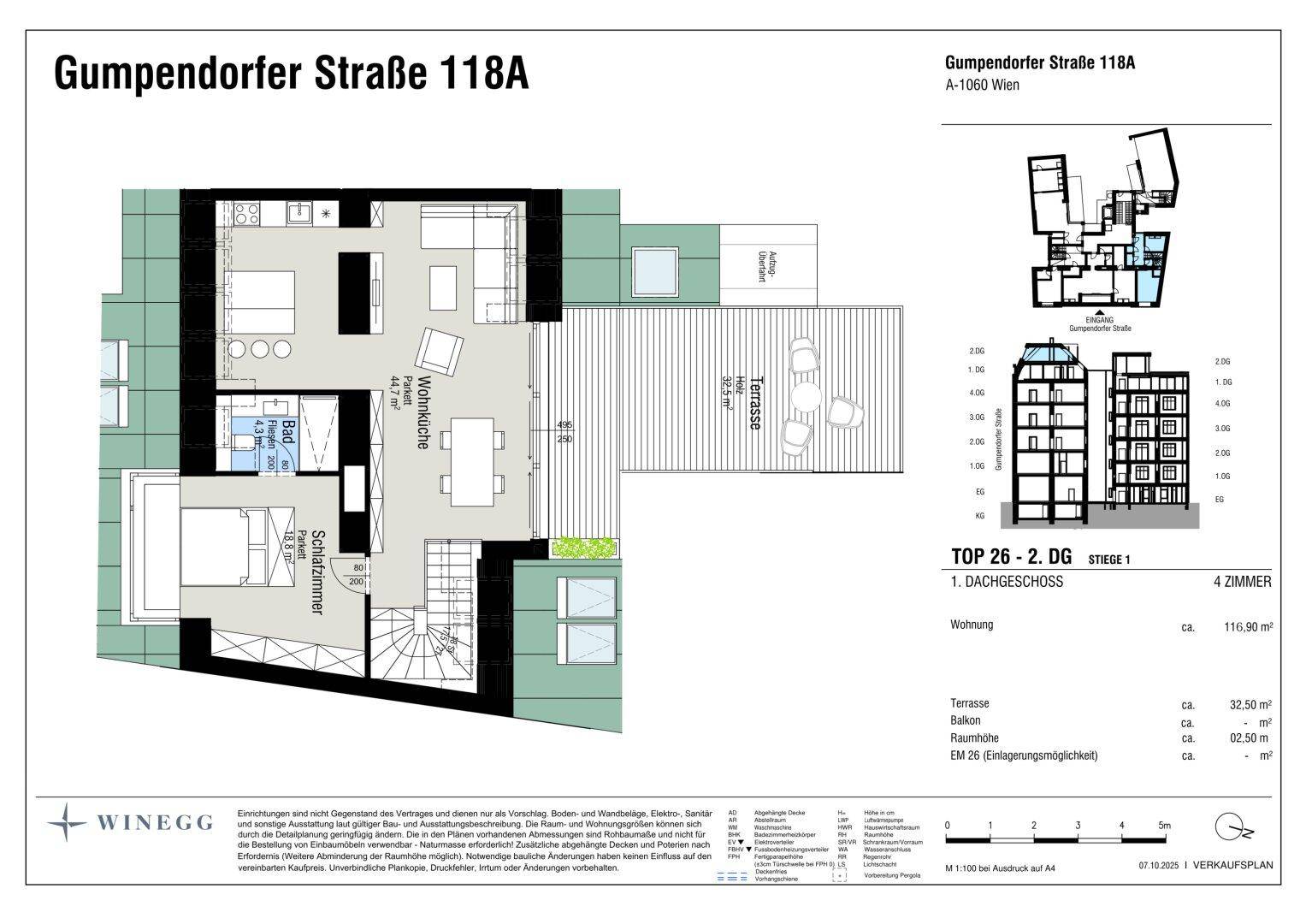 Grundriss des Dachgeschosses mit offenem Wohnbereich, Schlafzimmer, Bad und großer Terrasse.