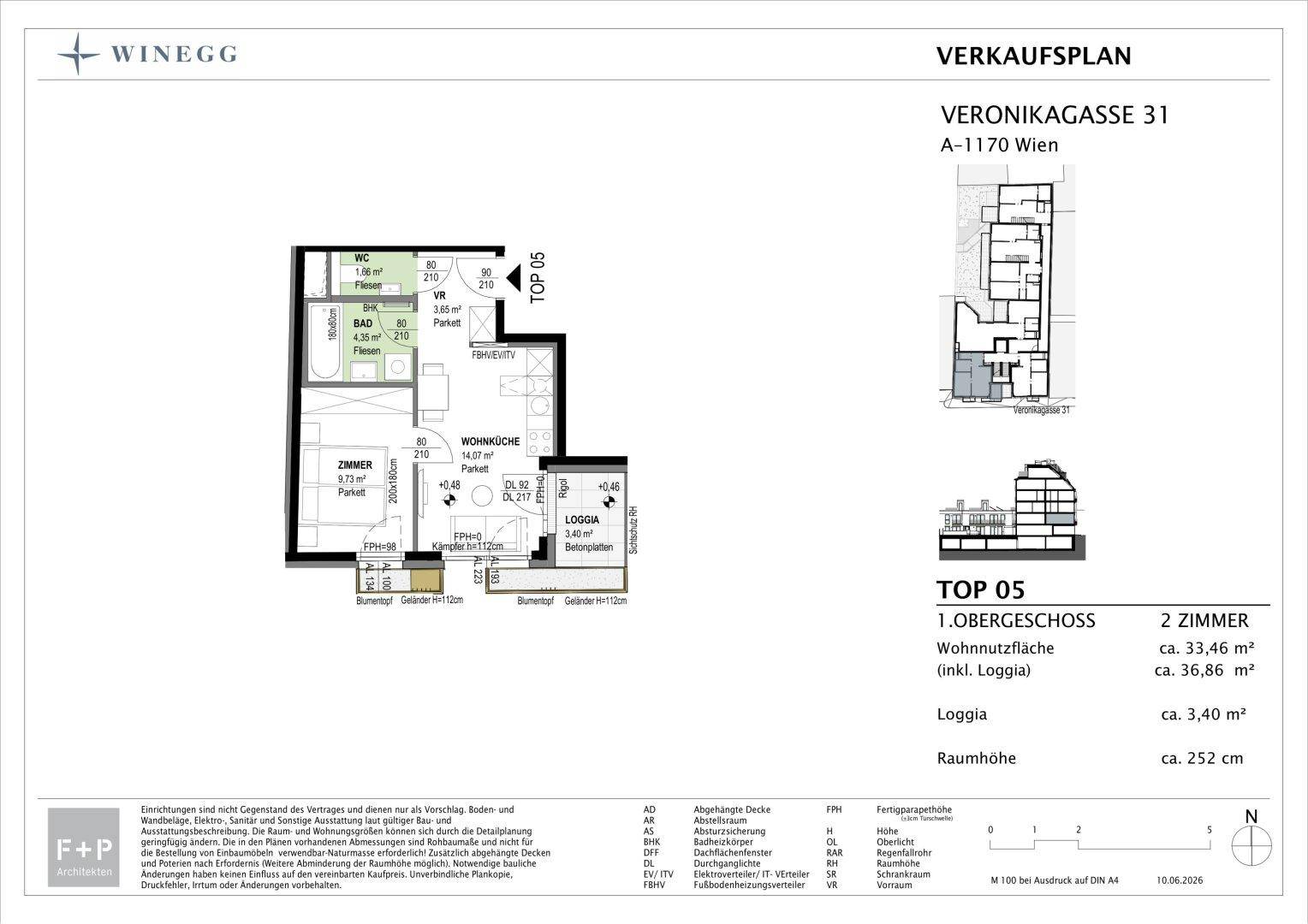 Detaillierter Grundriss für Top 05 mit zwei Zimmern und einer Loggia.
